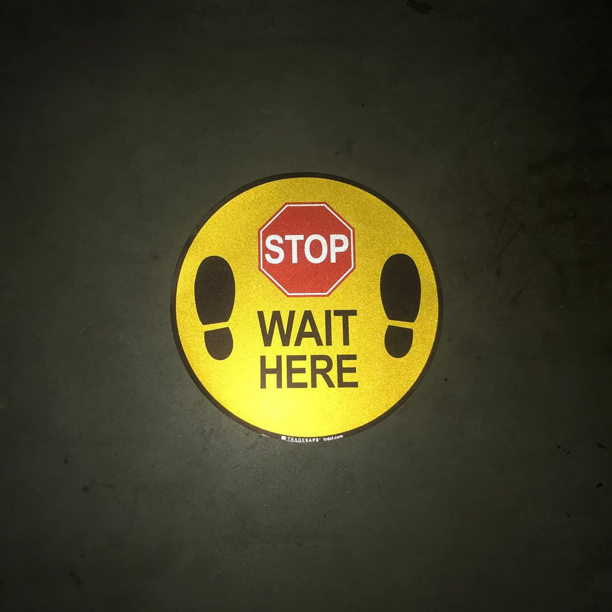 TRADESAFE Stop - Wait Here Anti-Slip Floor Sticker - Wait Here Floor Sign, Peel and Stick Adhesive Vinyl Sign, ANSI-Compliant, 17” Diameter Round Sticker
