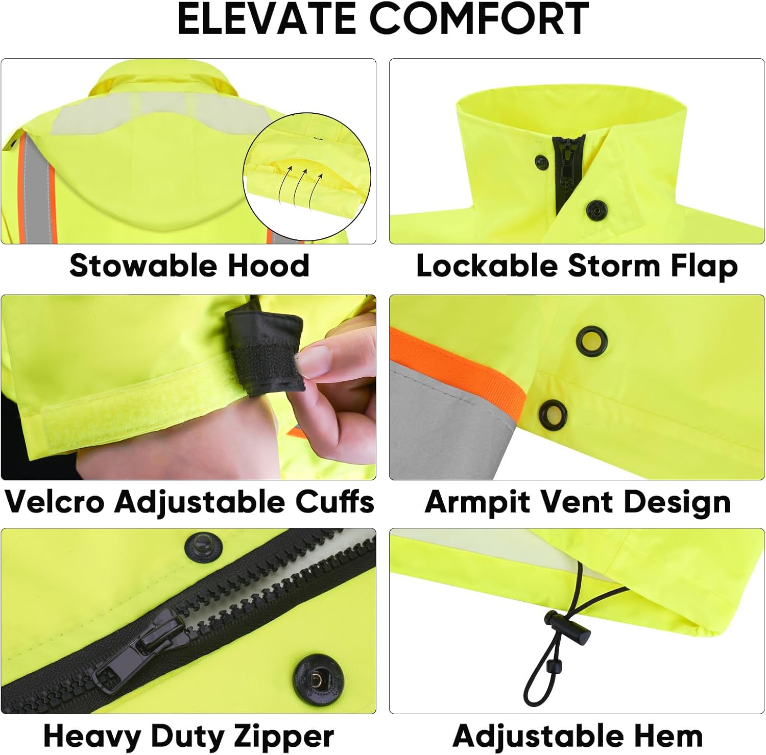 TICONN Reflective Rain Jacket, Waterproof ANSI Class 3 Hi Vis Safety Coat