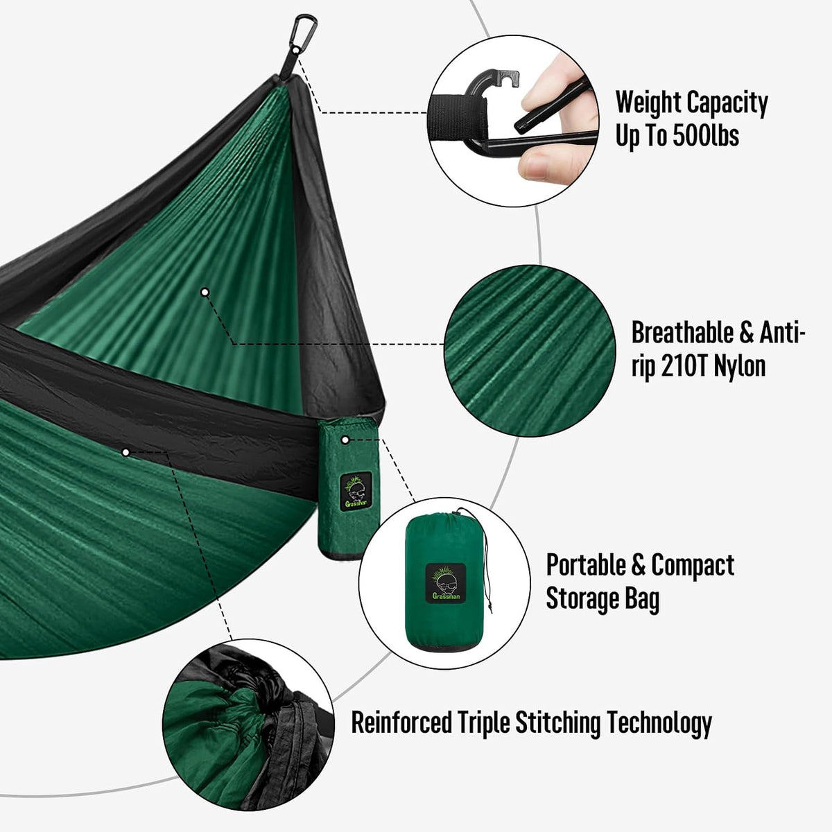 Grassman Camping Hammock Double & Single Portable Hammock with Tree Straps, Lightweight Nylon Parachute Hammocks Camping Accessories Gear for Indoor Outdoor Backpacking, Travel, Hiking, Beach