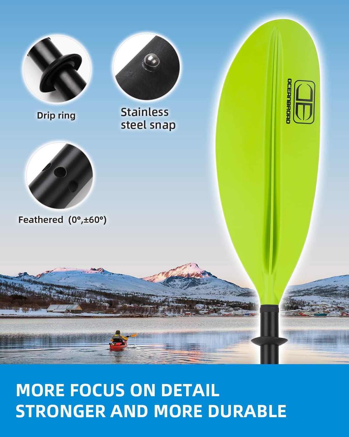 OCEANBROAD Kayak Paddle 86in/218cm, 90.5in/230cm, 95in/241cm Alloy Shaft Kayaking Boating Canoeing Oar with Paddle Leash