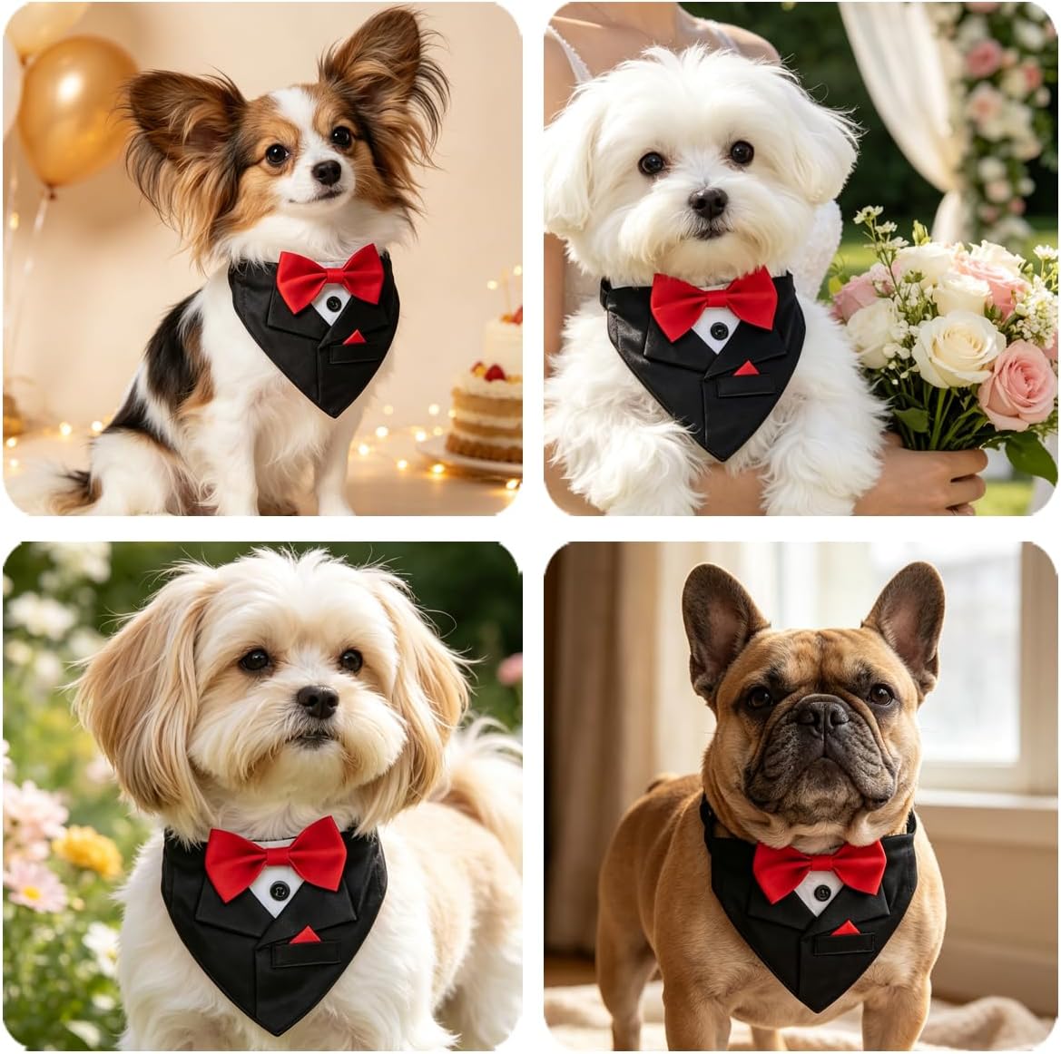 Popular Pet Party Suit Tuxedo Collar, Black Triangle Scarf with Red Bowtie, Handsome Dog Wedding Engagement Bow Tie Bandana (L)