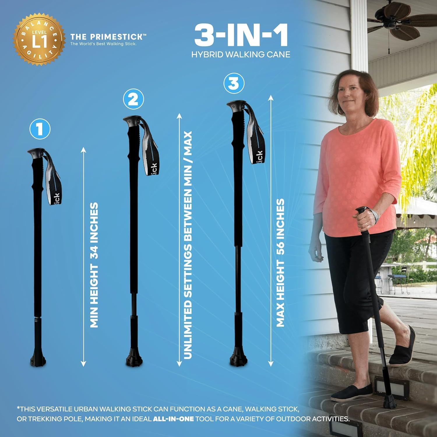 Dynamo - Prime Stick - 3-in-1 Cane - Vertical Balance-Posture Cane, Walking Stick, Trekking Pole, A Durable Foam Grip, Hand Tether, Lightweight, Twist Adjustable, Hiking, Stability Stick - Purple