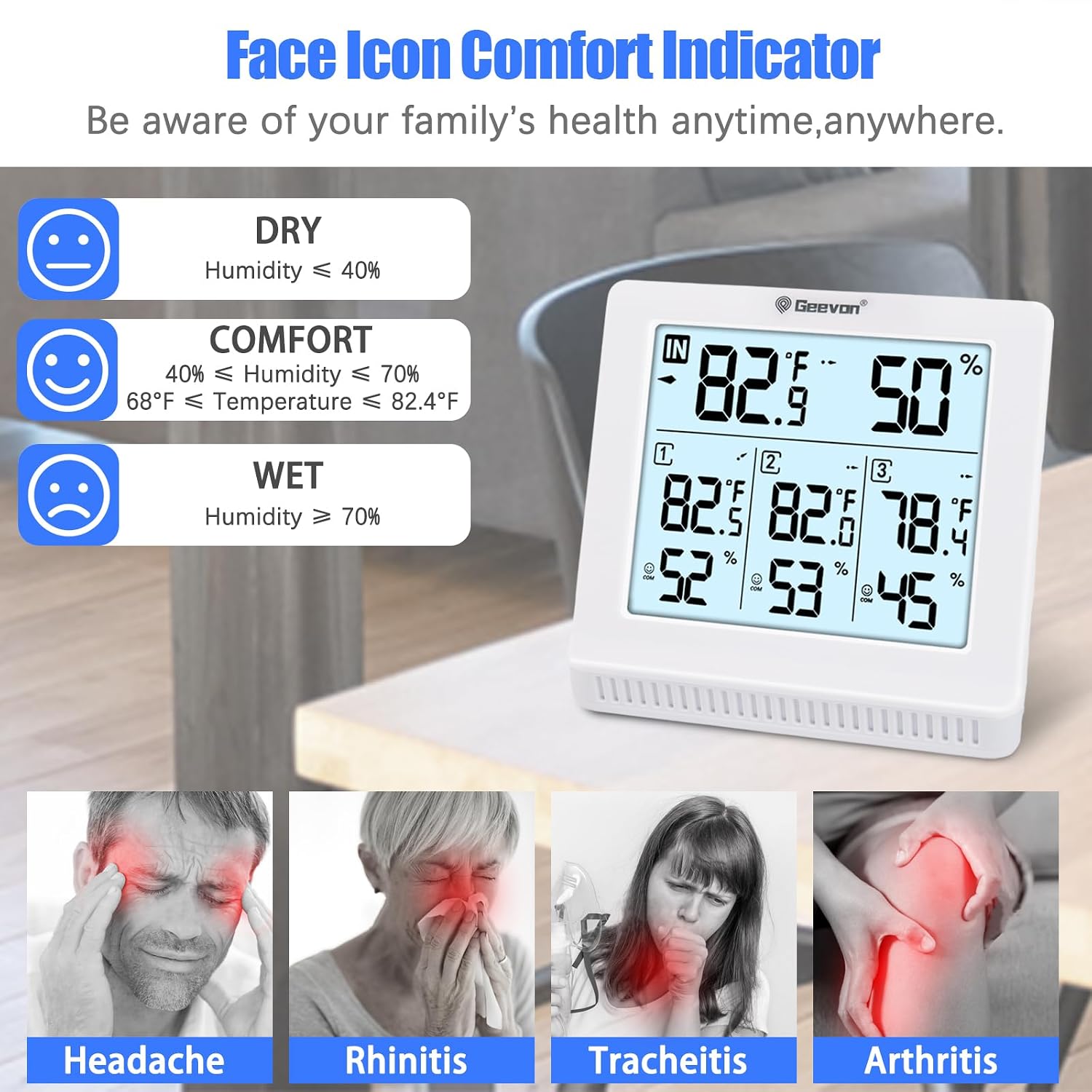 Geevon Indoor Outdoor Thermometer Wireless with 3 Remote Sensors, Digital Hygrometer Thermometer, Temperature Gauge Humidity Monitor with Backlight, 200FT/60M Transmission Range