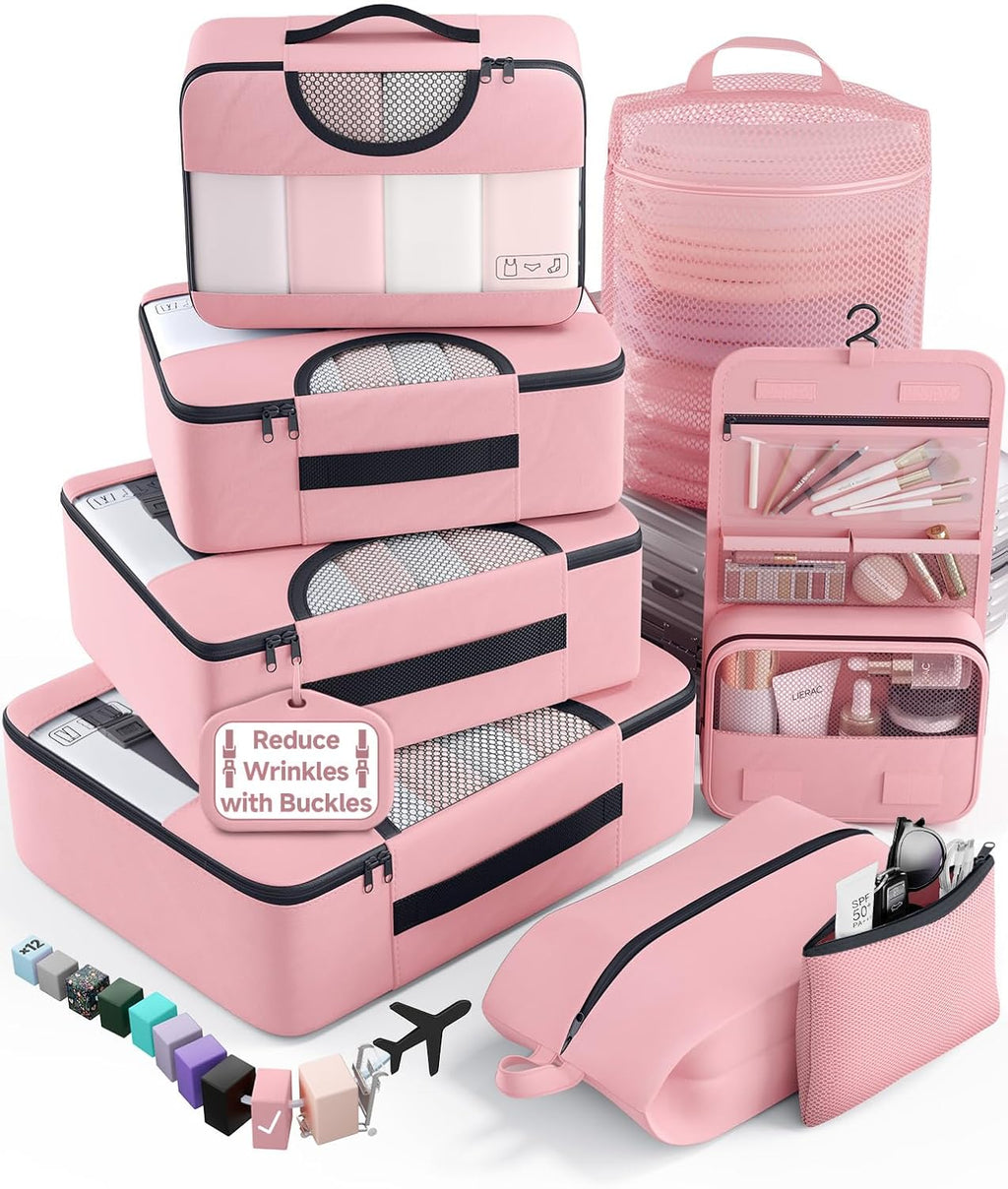 Veken 8 Set Packing Cubes for Travel Essentials,Anti-Wrinkle Buckled Suitcase Organizer for Shoe & Toiletry Bag,Carry On Luggage Bag with 99+ Count Mesh Holes for Airplane & College Dorm Accessories
