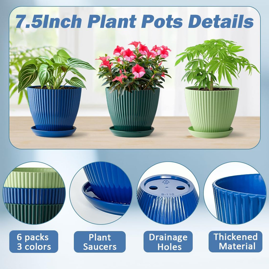 RooTrimmer 7.5 Inch Plastic Pots, 6 Pack with Drain Holes & Saucers