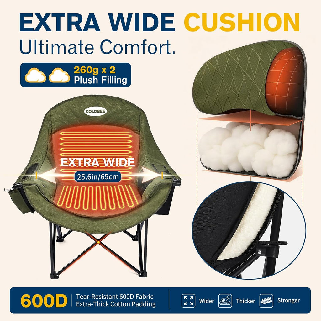 Heated Oversized Camping Chair, Heavy Duty Padded, Thick Headrest, Green