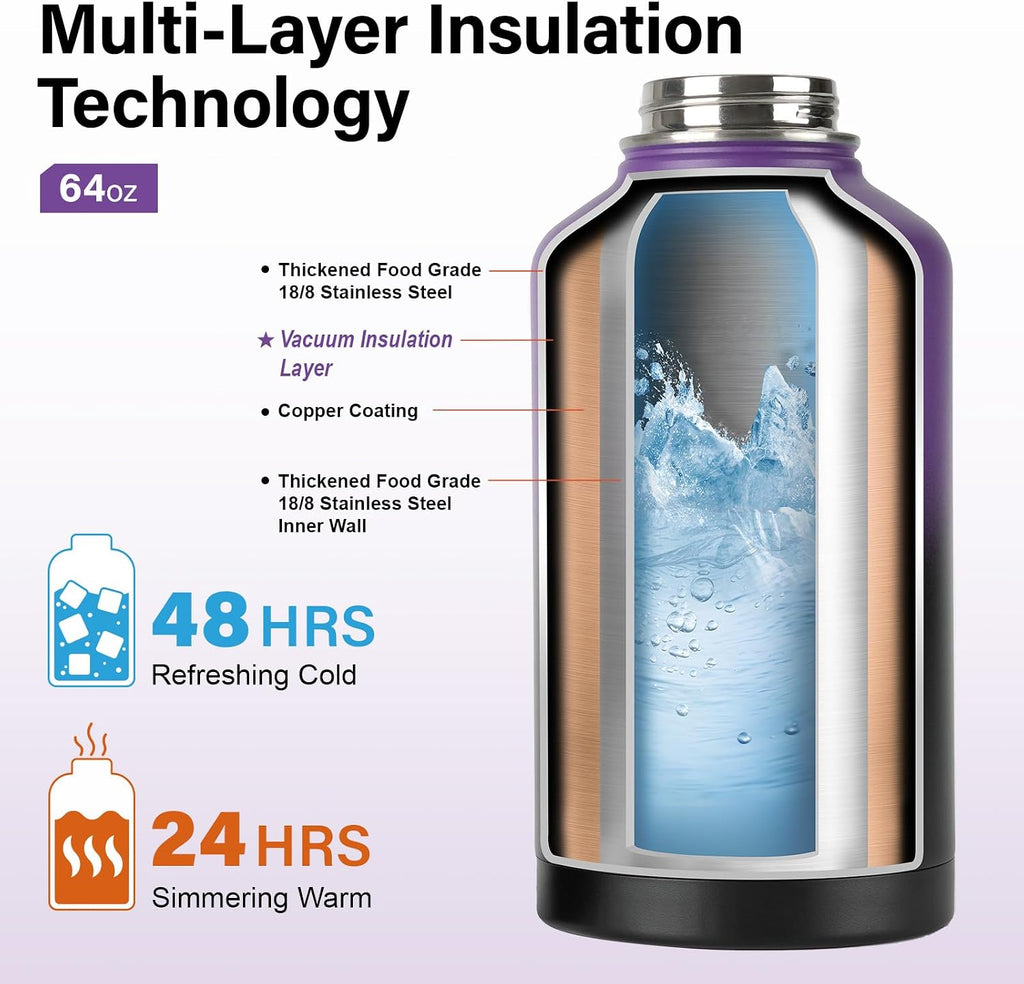 DYSANKY Insulated Water Bottle w/Straw Lid & Portable Carrier Bag, 64oz