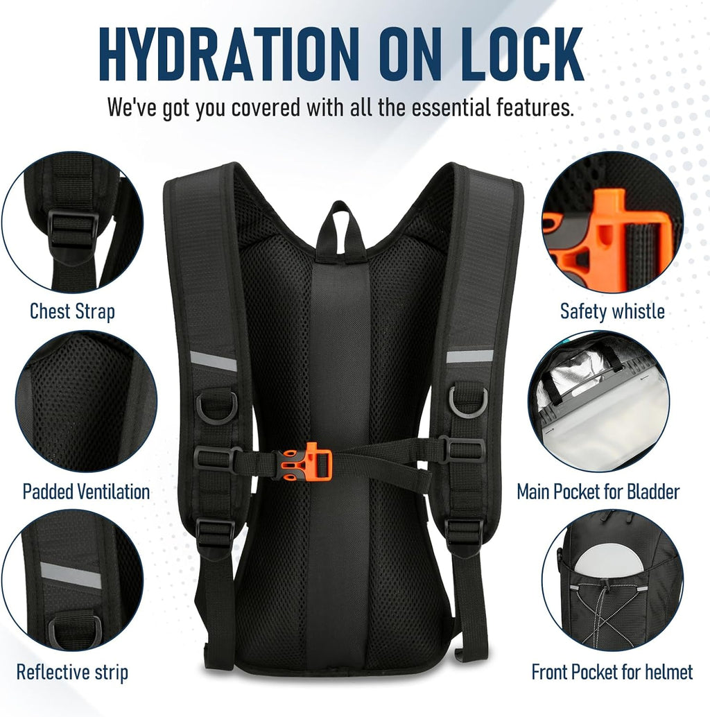 Hydration Backpack with 2L Water Bladder – Lightweight & Durable for Running, Hiking, Biking – Adjustable Fit for Men, Women, Youth