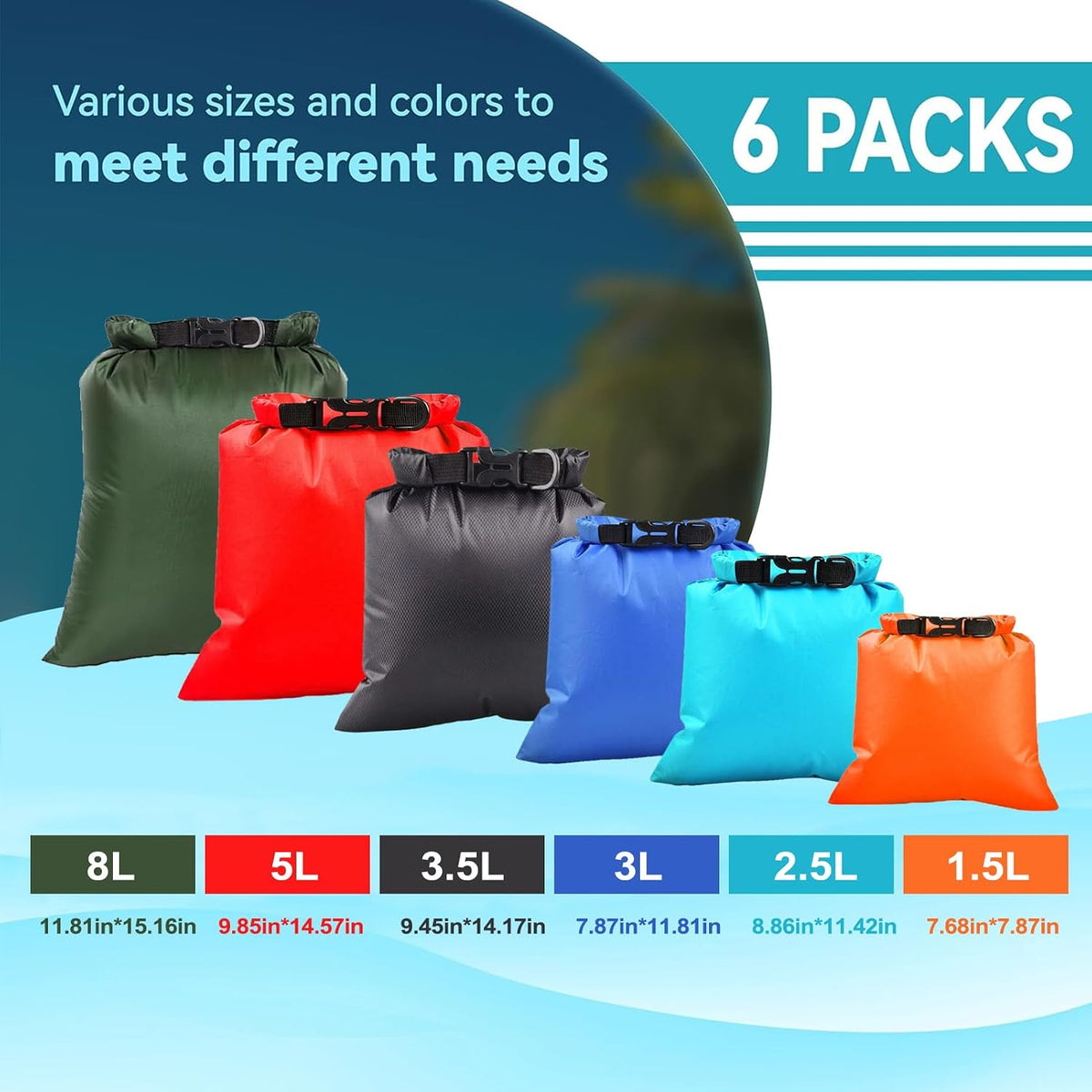 6PCS Dry Bags Waterproof, Lightweight Dry Bags for Kayaking Waterproof，Outdoor Waterproof Bag for Kayaking Hiking Boating Camping