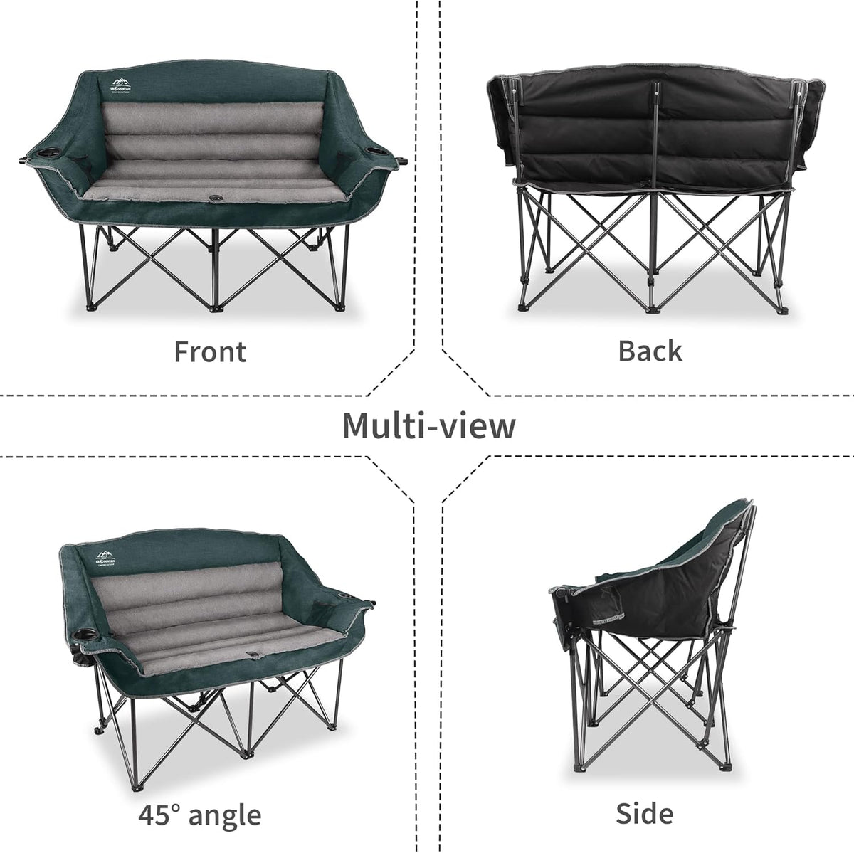 Fully Padded Folding Double Camping Chairs,Comfy Oversized Loveseat Lawn Chair w/Wine Glass Holder,Cup Holder,Heavy Duty Outdoor Portable Camp Couch Support 600 Lbs,Dark Green