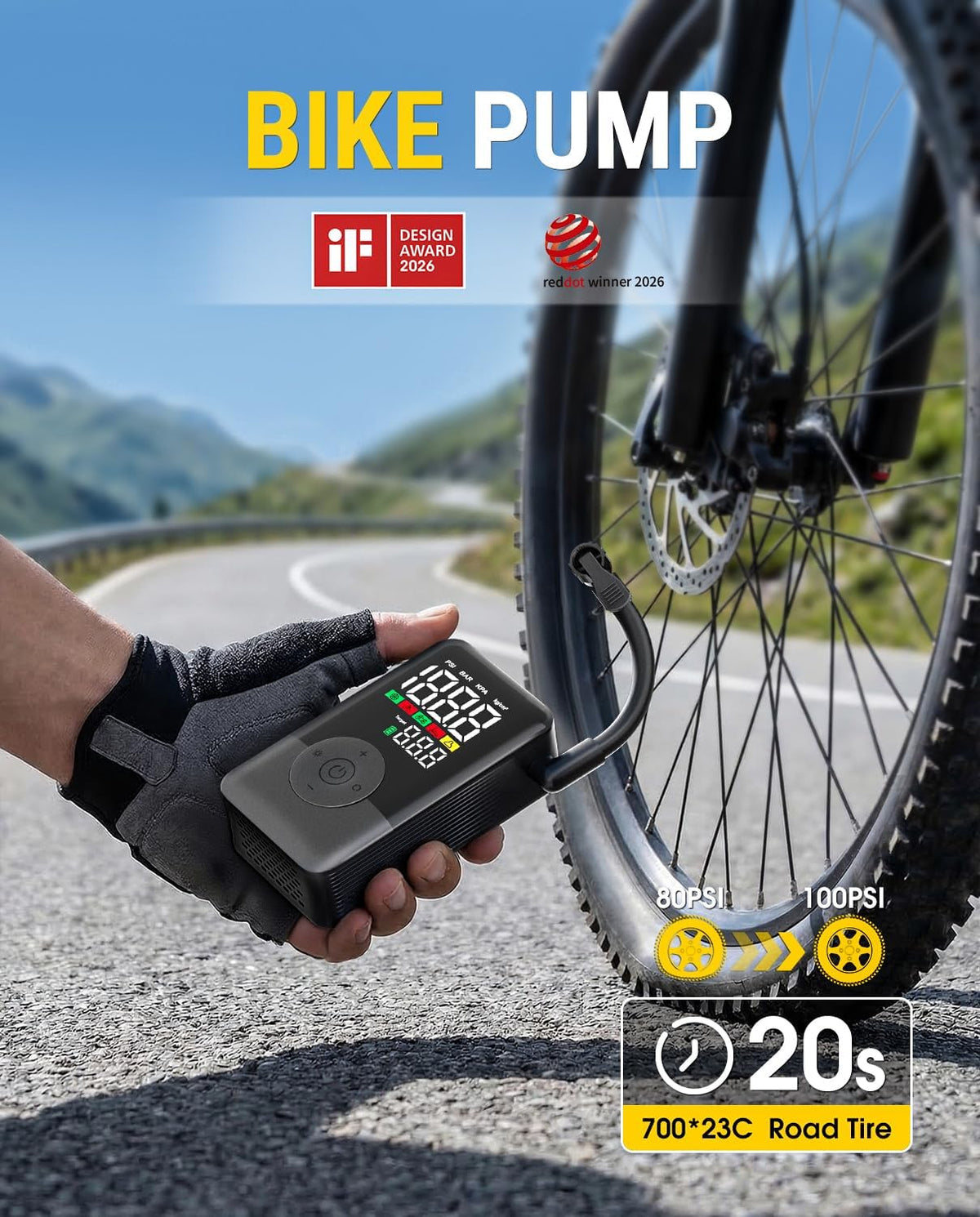 Bike Tire Pump,20s Fast Inflate Bicycle Pump with Guage