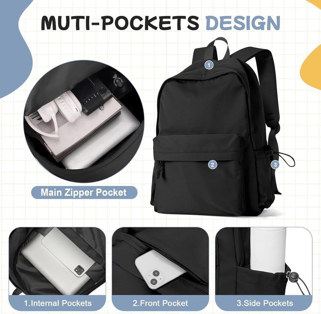 Black School Backpack for Girls Women Waterproof High School Book Bag Cute Backpack for Men Teens Boys, Lightweight Simple Middle School Back Pack Daypack