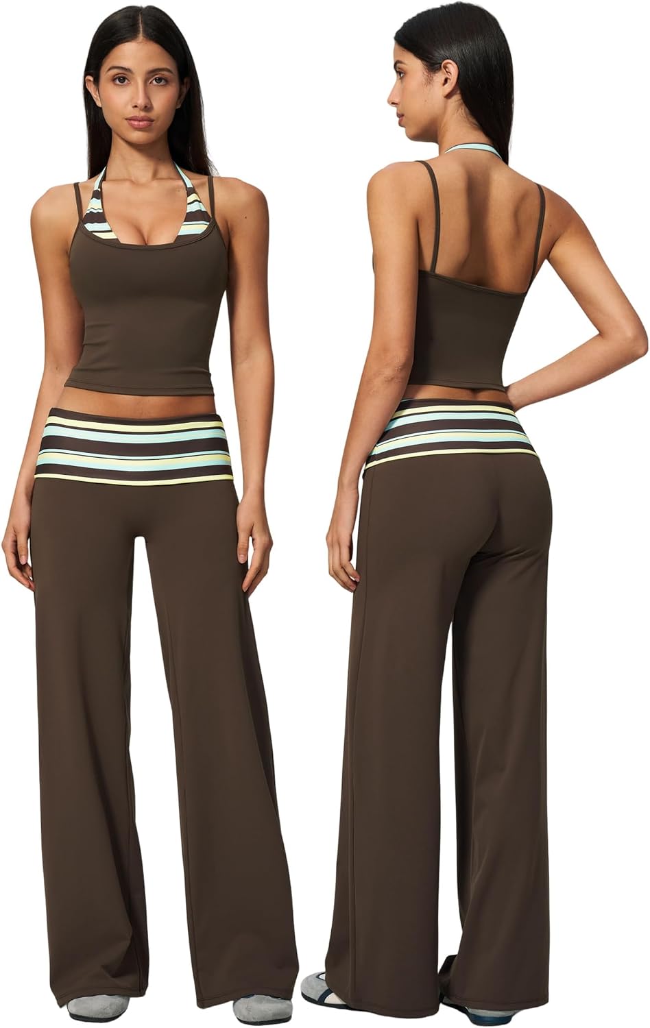 QBGJTD Womens Workout Sets Two Piece Striped Tank Top Wide Leg Yoga Pants Yoga Pilates Outfits
