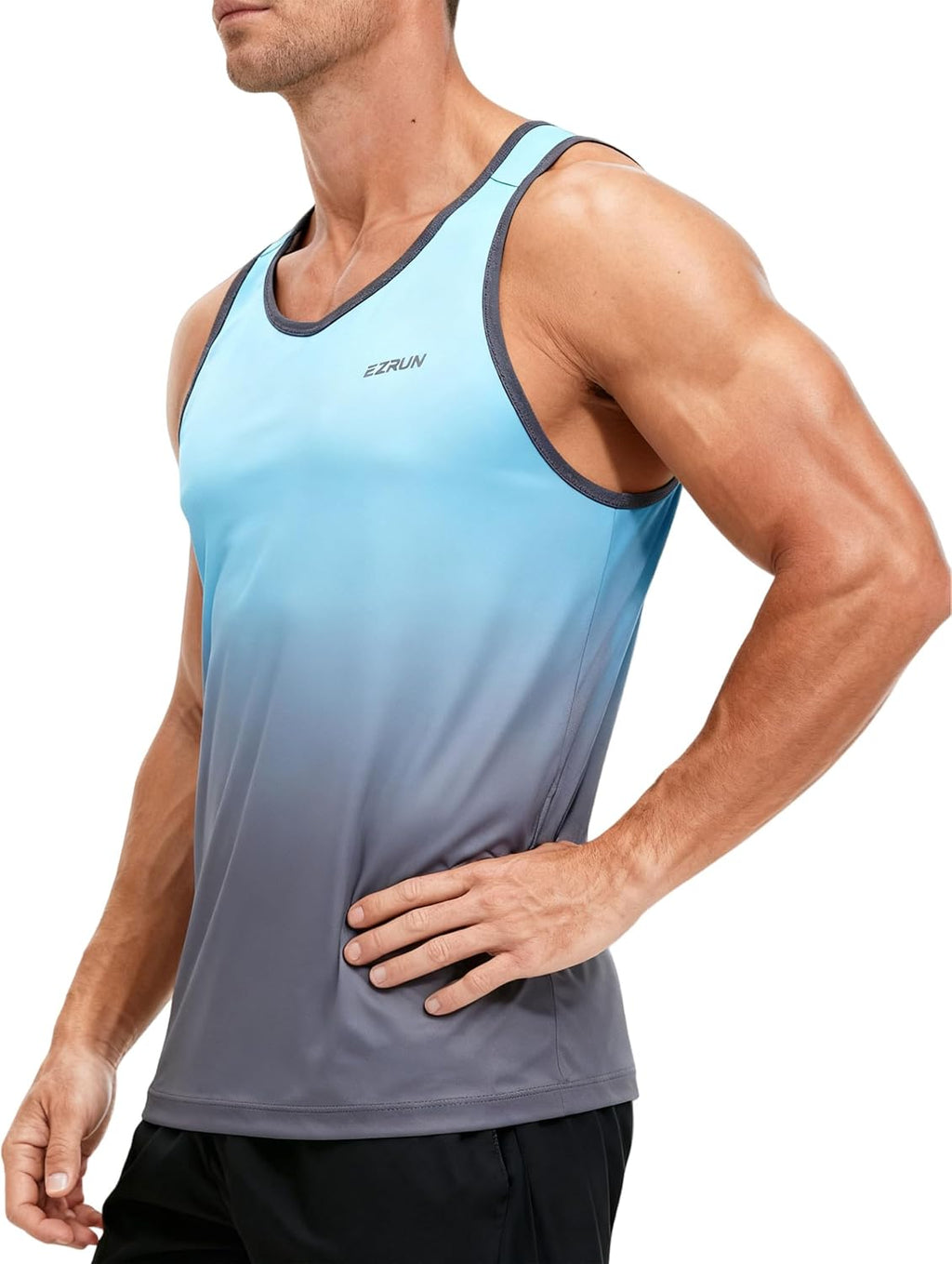 EZRUN Men's Quick Dry Tank Top UPF 50+ Workout Shirt for Gym &amp; Running | Sweat-wicking 4-way Stretch Sleeveless Shirt. Reflective Logo for Safe Night Runs. Loose Fit for Gym &amp; Summer Workouts
