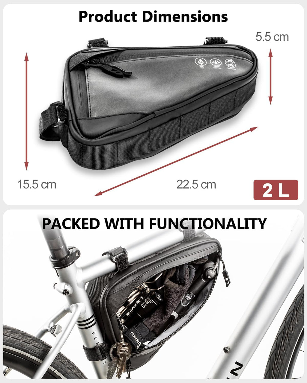Bike Frame Bag, Reflective Water-Resistant Bicycle Triangle Pouch | 2L Two Side Pockets, Cycling Storage Tool Accessories Pouch for Mountain Road Bike