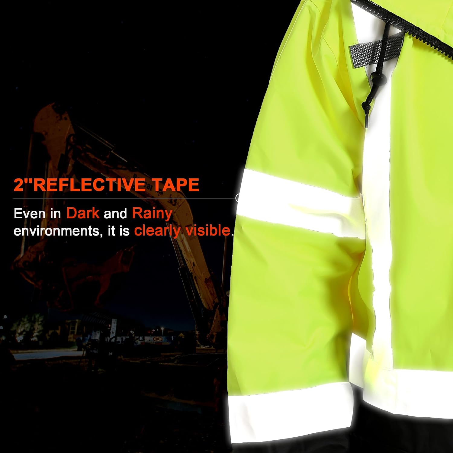 Reflective Rain jackets for men waterproof,Hi Vis Safety Coat With Reflective Strips，High Visibility Class 3 Rain jackets With 2 large pockets，Zipper,Black Bottom Lime,SM/MD
