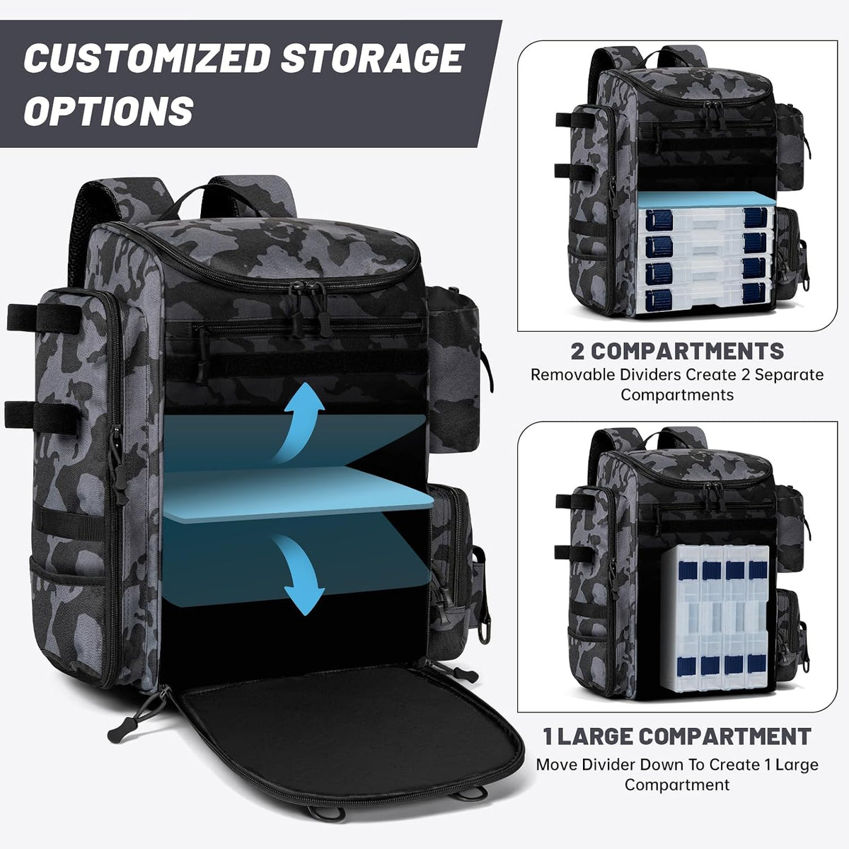 40L Tackle Fishing Backpack with 2 Rod Holders, Fits 4 3600 Trays