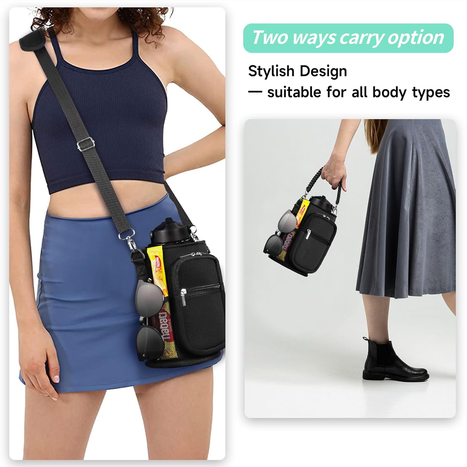 AceTreker 32/40/64/87/128 oz Water Bottle Carrier Bag, Neoprene Water Bottle Sleeve with 4 Pocket, Sport Water Holder with Paracord Handle and Shoulder Strap for Walking Hiking Camping Gym