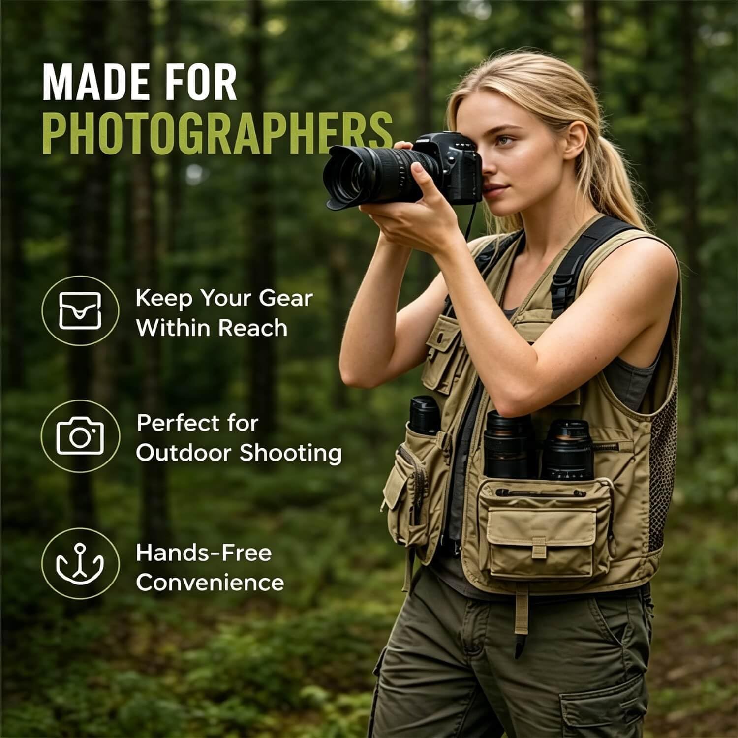 Outdoor Utility Vest for Men & Women, Lightweight Breathable Mesh Vest with Multiple Pockets for Fishing, Photography, Hiking, Camping, Travel & Safari, Khaki