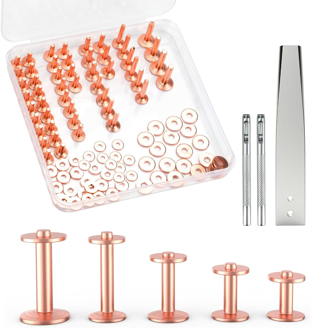 Funria 104PCS Copper Rivets for Leather 5 Size of Copper Rivets and Burrs Leather Rivets Kit with Setter Tool Rivets Fastener and Punch Leathercraft Supplies for Belts Wallets Collars DIY (50 Sets)