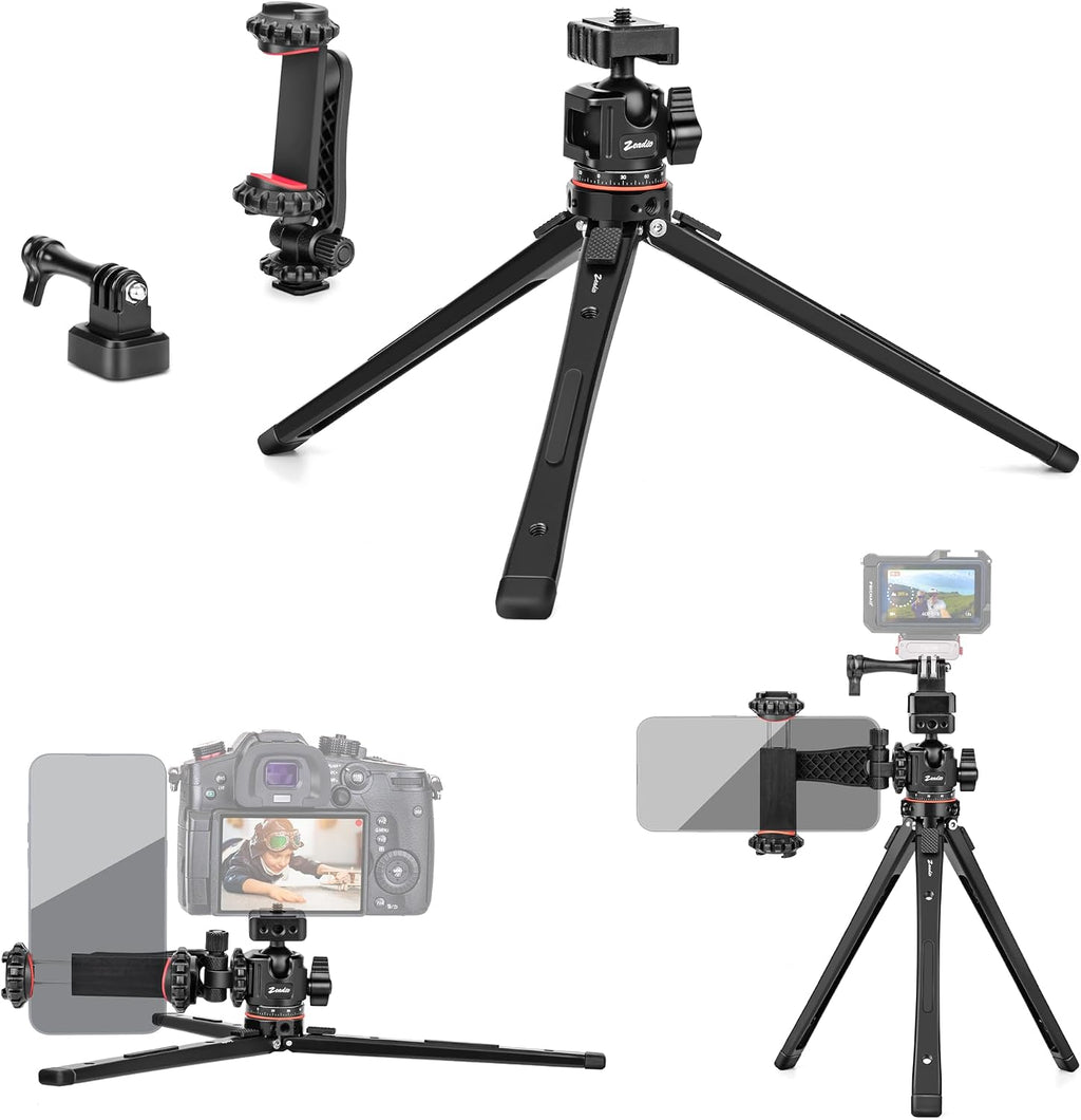 Zeadio Heavy Duty Metal Tripod Stand - Adjustable Universal Small Table Tripod for Camera, Gimbal, Action Cam, Camcorder, Microphone, LED Light, etc(40kg/88lb Load)