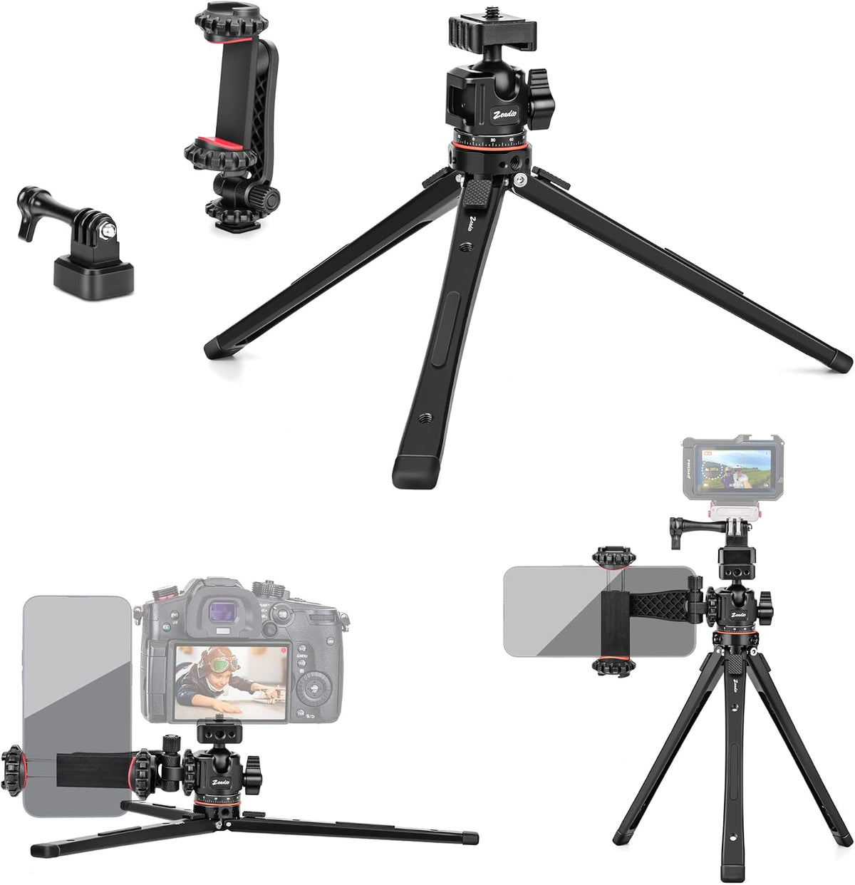 Zeadio Heavy Duty Metal Tripod Stand - Adjustable Universal Small Table Tripod for Camera, Gimbal, Action Cam, Camcorder, Microphone, LED Light, etc(40kg/88lb Load)