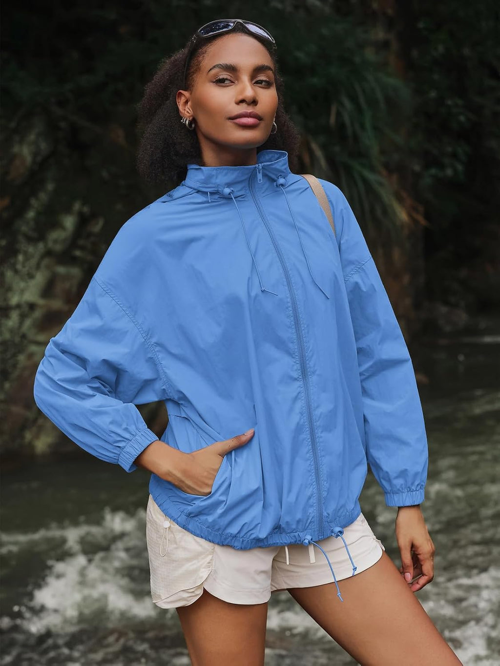 Yousify Womens Waterproof Rain Jackets Lightweight Zip Up Raincoat Outdoor Hiking Hooded Windbreaker with Pocket