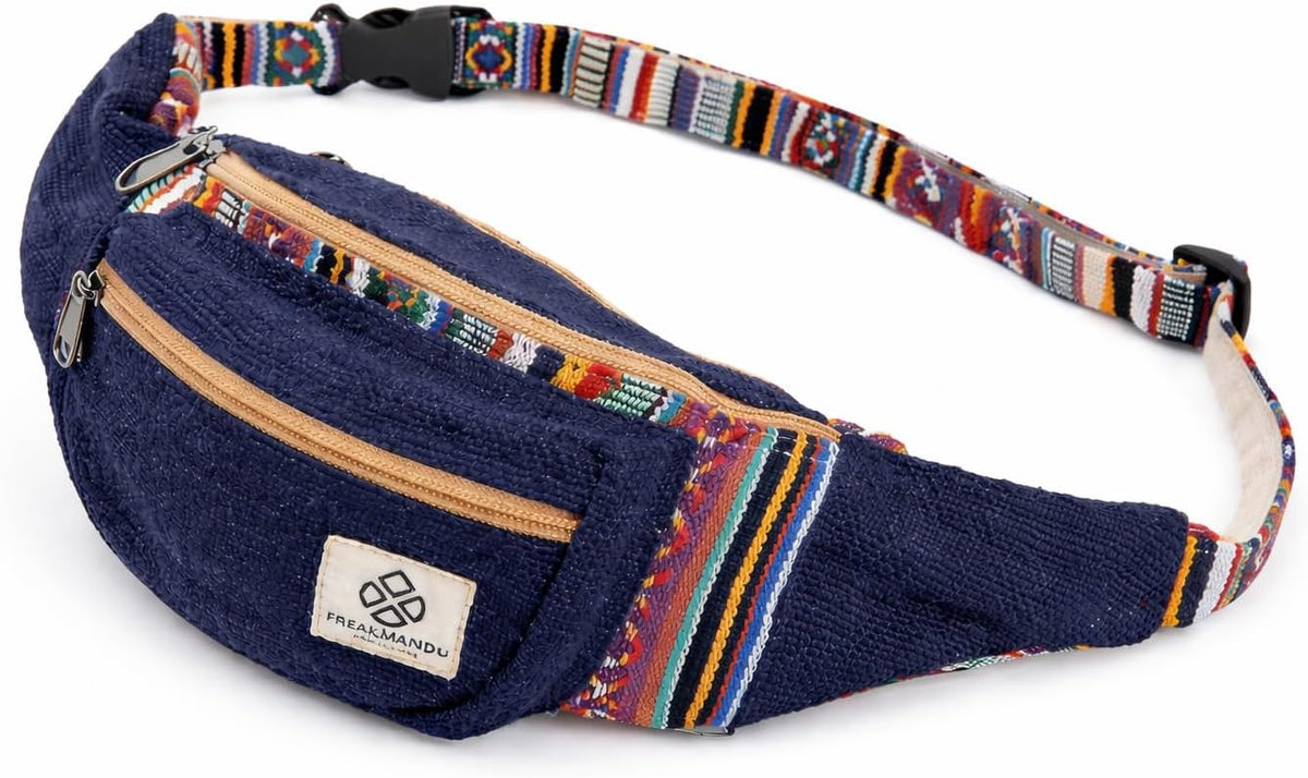 Freakmandu Eco-Friendly Boho Hippie Style Hemp Fanny Pack White Hip Waist Bag for Hiking Running Jogging