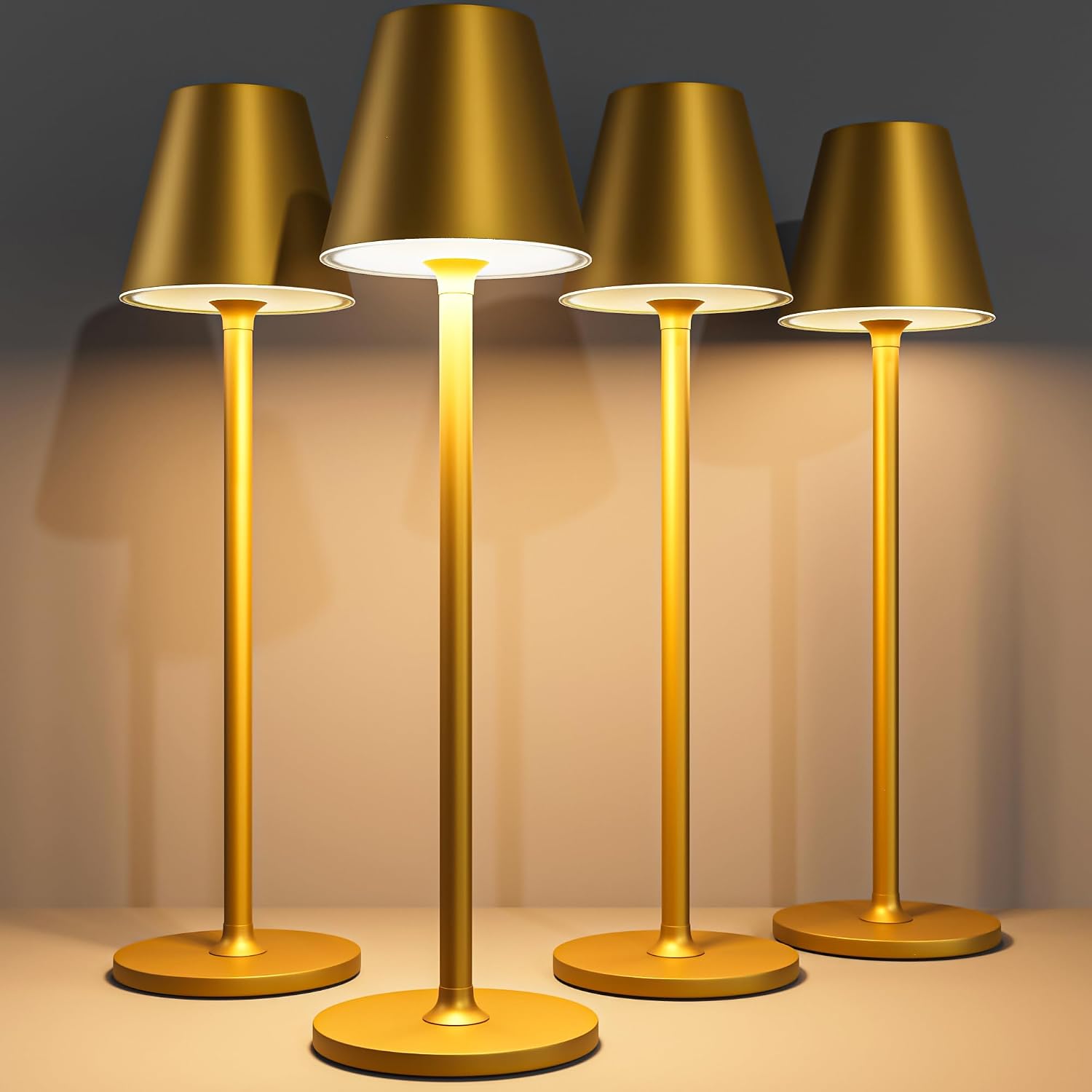 Timjorman 4-Pack Cordless Table Lamps - 5000mAh Rechargeable Battery Operated Desk Lamp, 3-Level Dimmable LED Night Light for Bedroom, Dining, Restaurant - Metal Design(Gold&Black 4PACK)