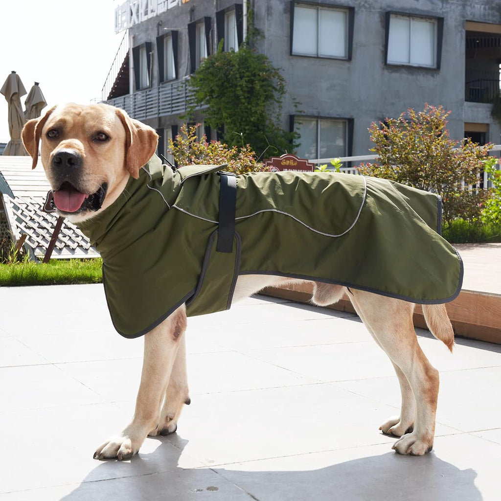 JOHNBOLIN Dog Winter Jacket & Raincoat - Waterproof Windproof Reflective Coat with Warm Insulation, All-Weather Hiking Travel Gear for Indoor/Outdoor Use(Military Green, Large)