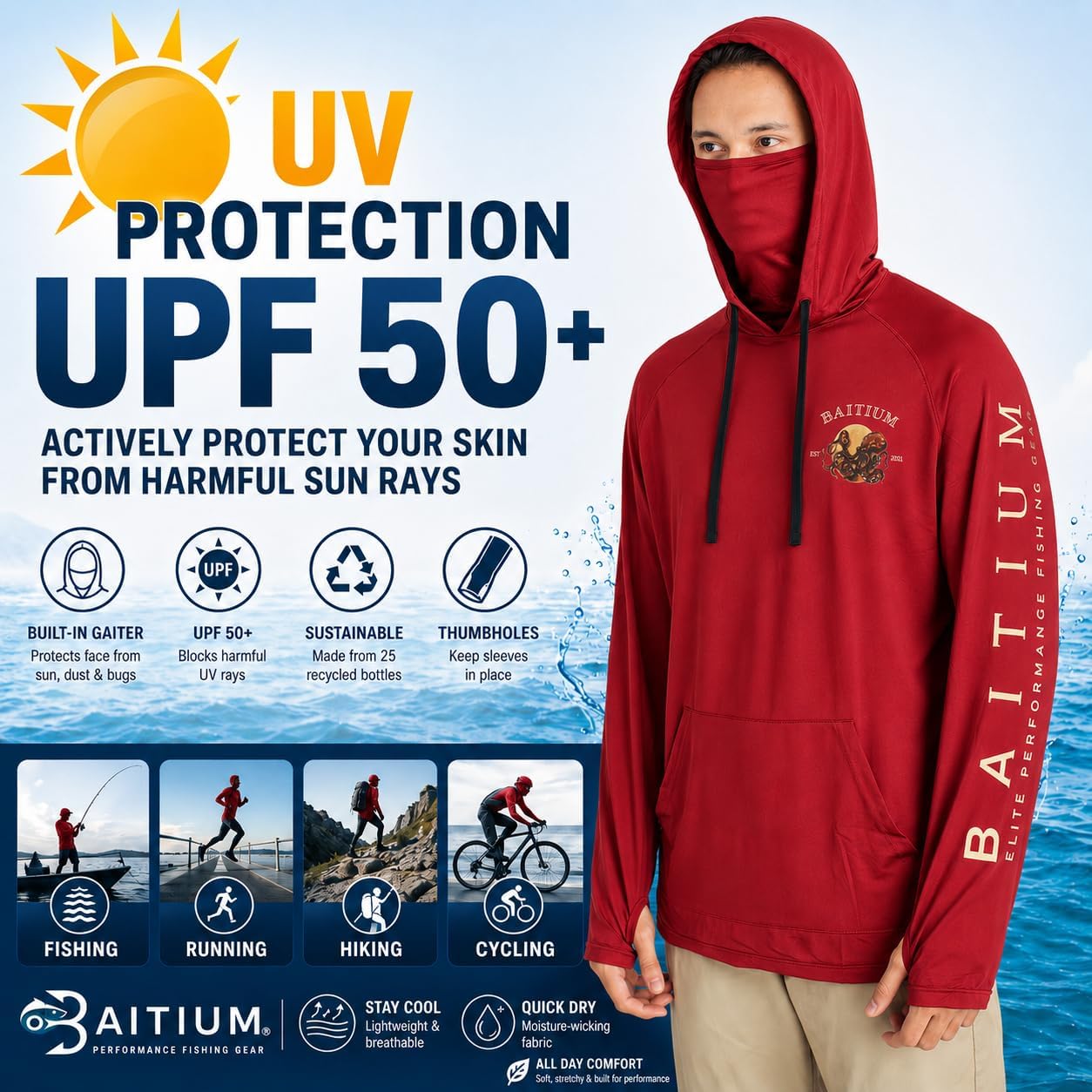 Fishing Shirts for Men,UPF50 Hooded Long Sleeve with Gaiter, Sun Protection Dry Fit Apparel, Face Mask, Fishing Clothes
