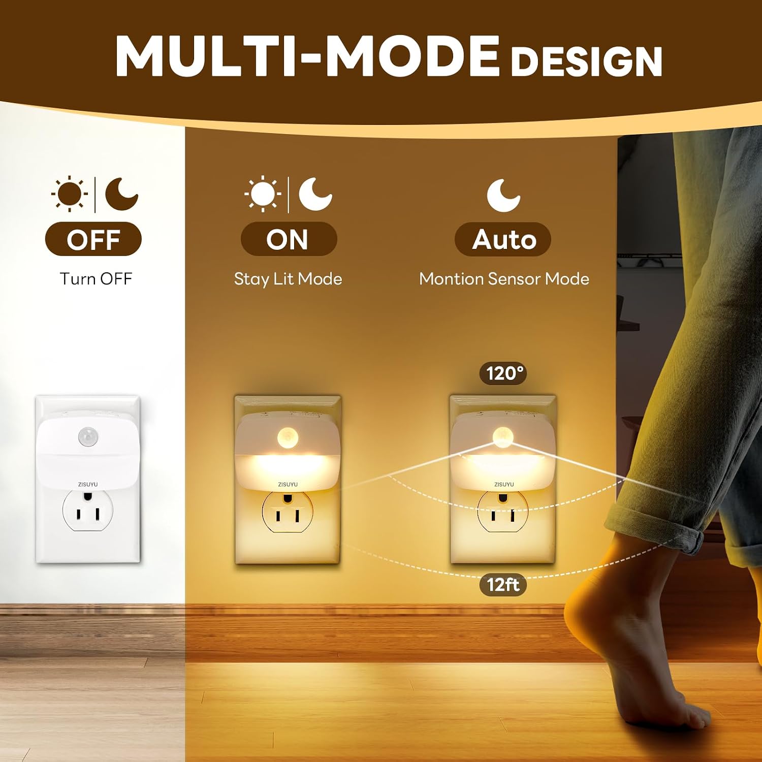 ZISUYU Plug-in LED Night Light with Motion Sensor, 10-60lm Dimmable Nightlight with Multi-Mode & Color-Changing, Ideal for Bedroom, Kitchen, Bathroom, Stairs, Hallway (6 Pack)