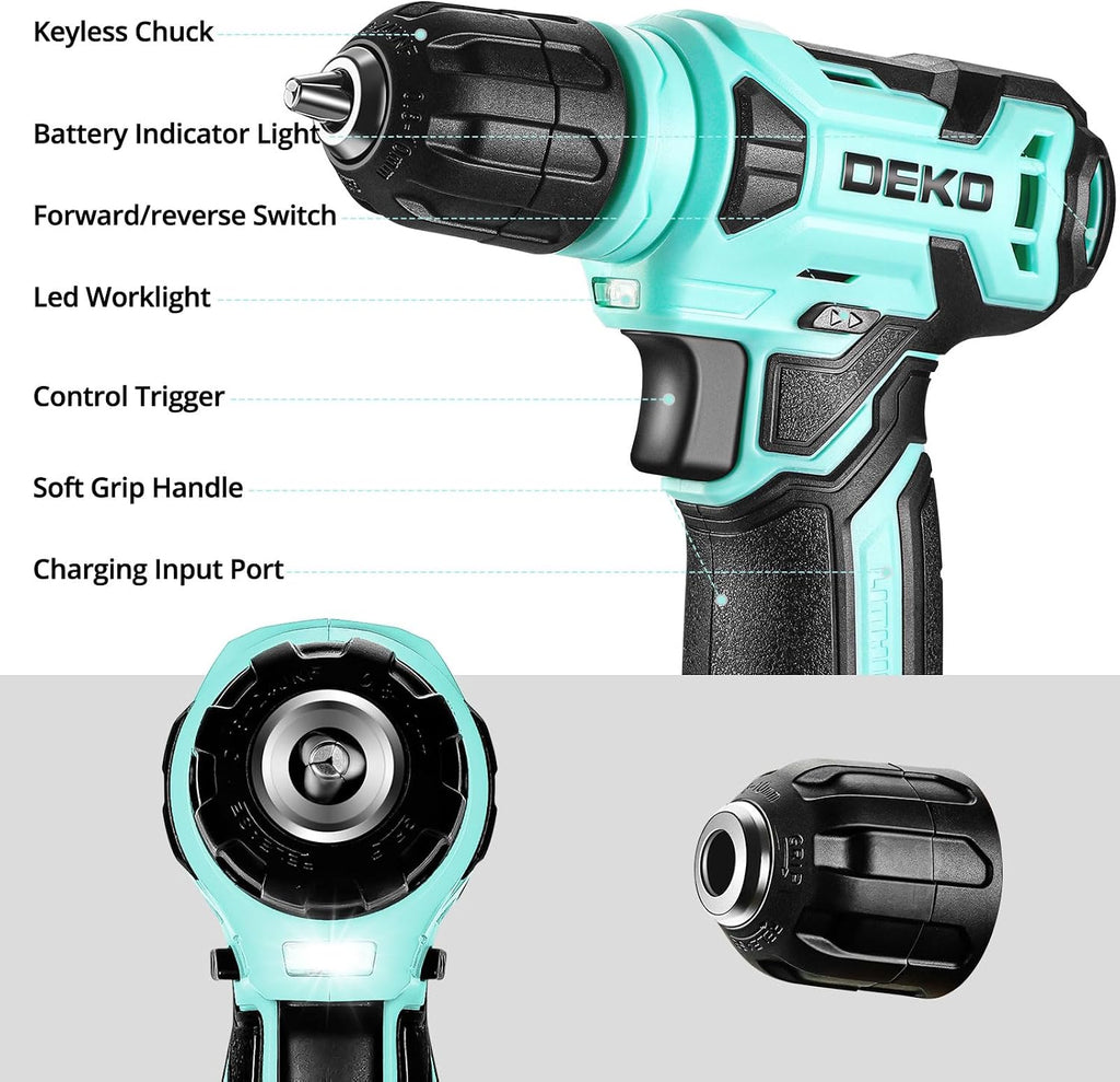 DEKOPRO Drill Set: Tool Set with 8V Cordless Drill, Home Tool Kit with Drill, Hand Tool Kits for Women 126 Piece, Turquoise