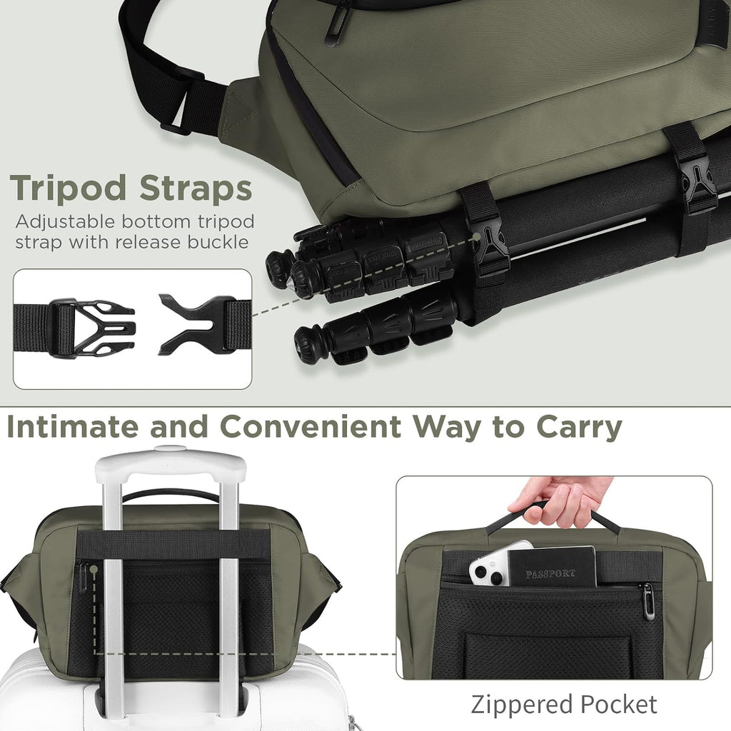 TAAOKA Camera Sling Bag,Travel Waterproof Camera Case with Tripod Holder,Lightweight DSLR/SLR/Mirrorless Small Camera Bags Crossbody for photographers (Dark Green)