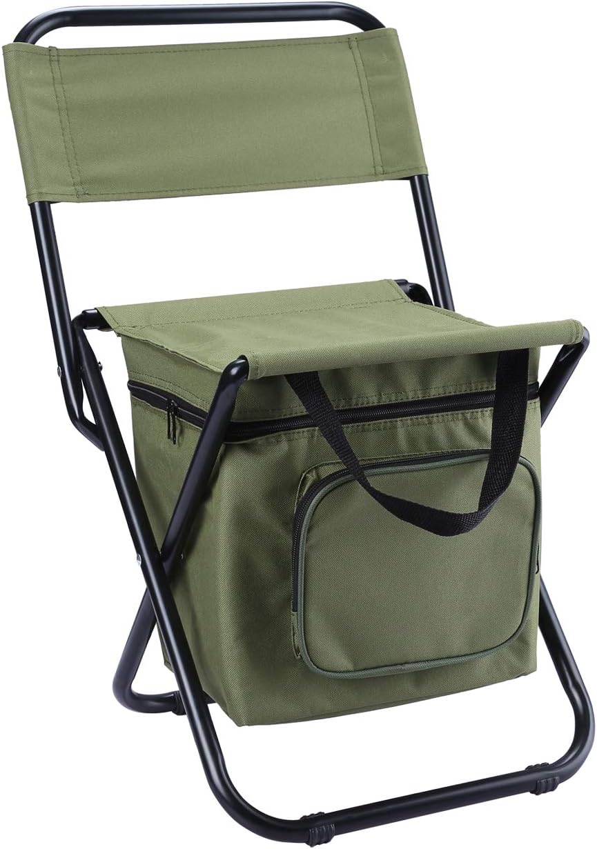 LEADALLWAY Fishing Chair with Cooler Bag Compact Fishing Stool Foldable Small Hunting Chair 12.2" Seat Depth,12.6" Seat Width