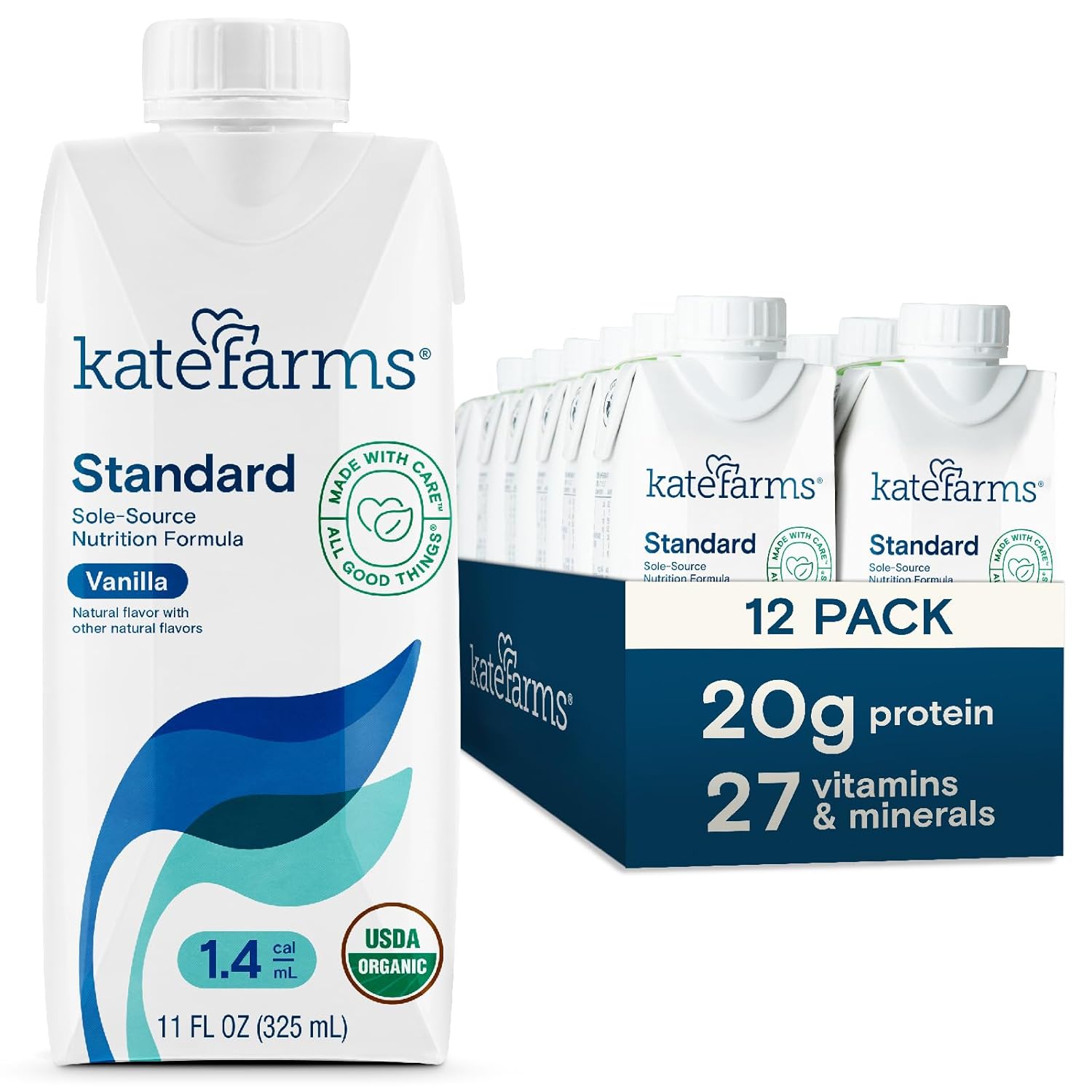 KATE FARMS Organic 1.4 High Calorie Shake, Vanilla, 20g Protein, 12 Pack