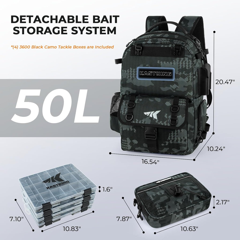 KastKing BaitSpace Fishing Tackle Backpack with Removable Bait Binder,2 Rod Holders Storage Fishing Gear and Equipment