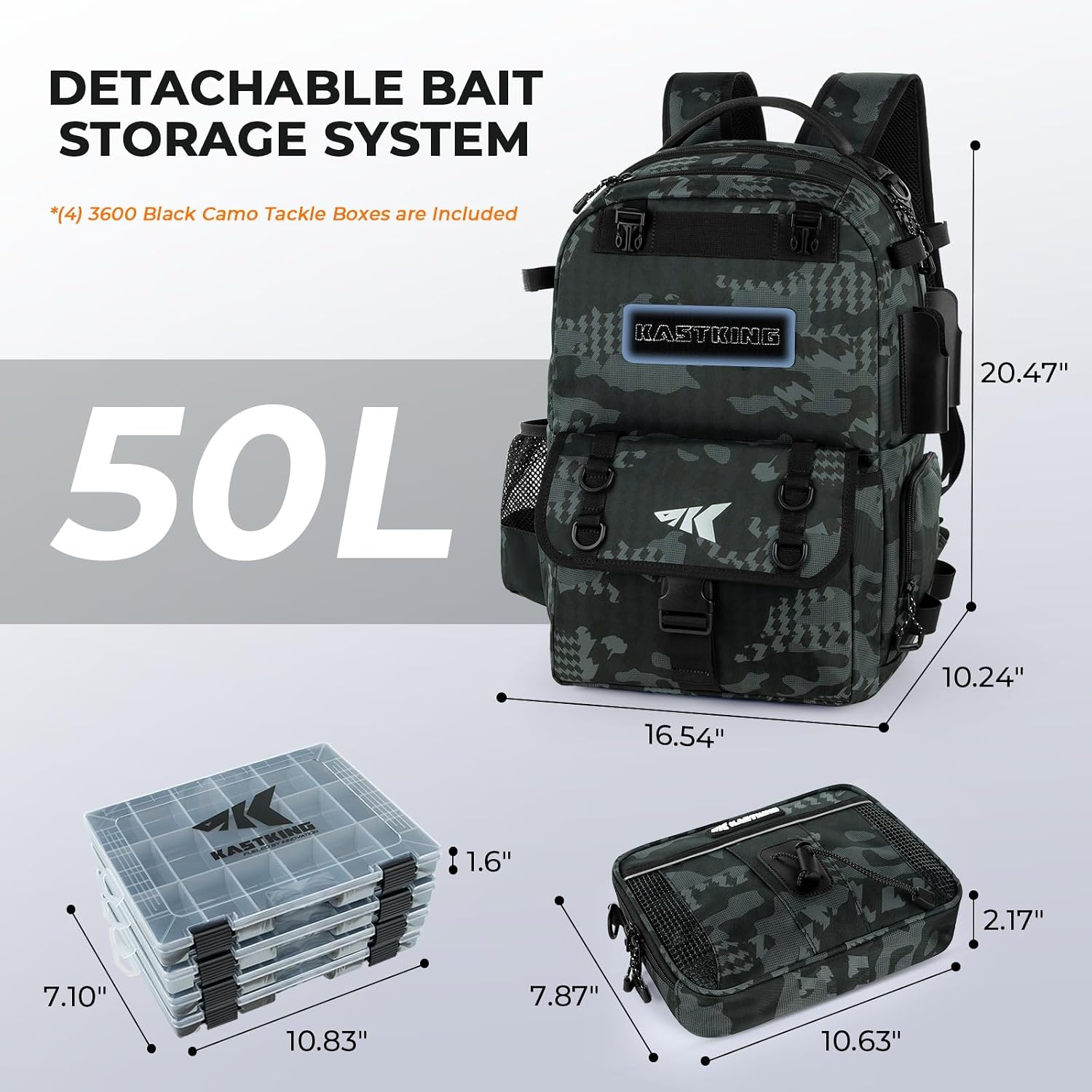 KastKing BaitSpace Fishing Tackle Backpack with Removable Bait Binder,2 Rod Holders Storage Fishing Gear and Equipment