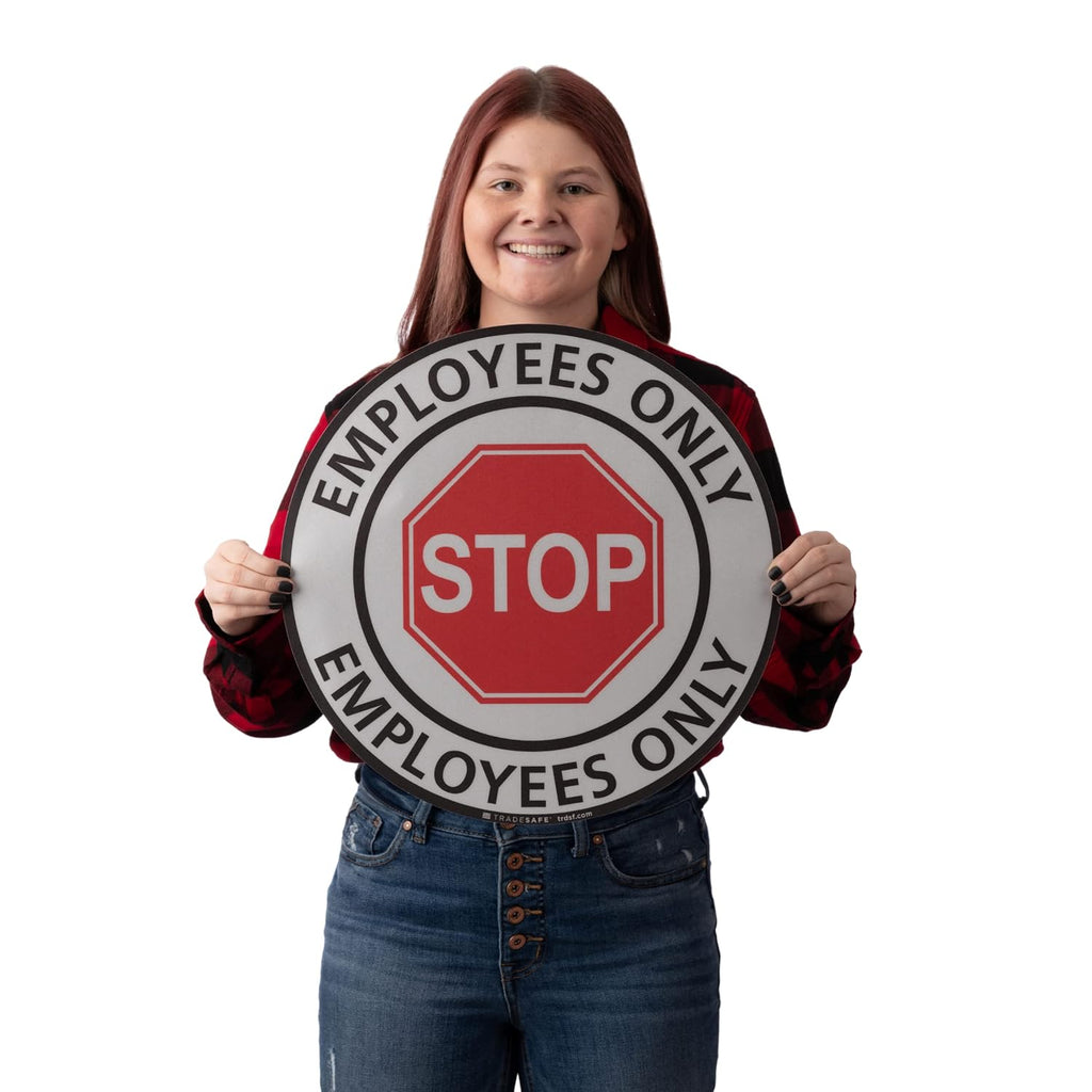 TRADESAFE Stop - Employees Only Anti-Slip Floor Sticker - Employees Only Beyond This Point Floor Sign, Peel and Stick Adhesive Vinyl Sign, ANSI-Compliant, 17” Diameter Round Sticker