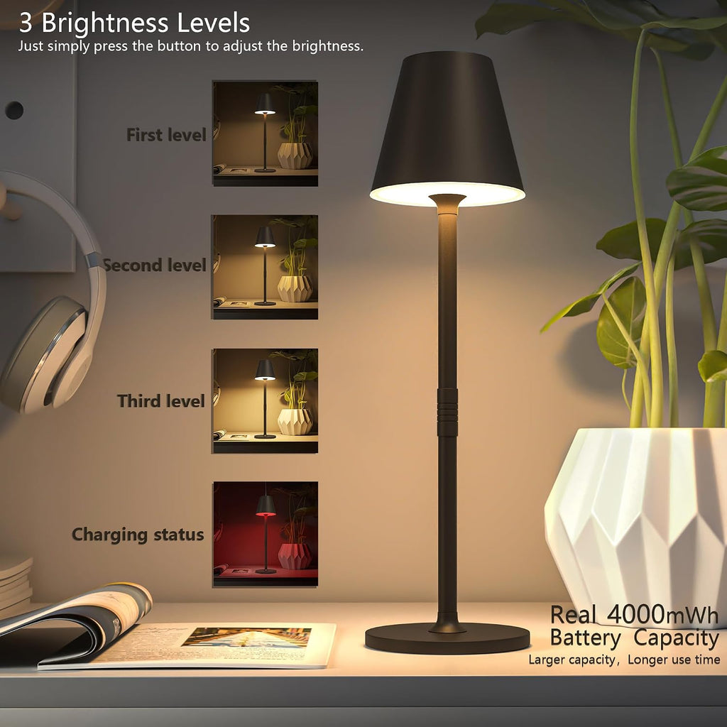 Timjorman 2-Pack Cordless Table Lamps - 5000mAh Rechargeable Battery Operated Desk Lamp, 3-Level Dimmable LED Night Light for Bedroom, Dining, Restaurant - Metal Design(Khaki-2Pack)