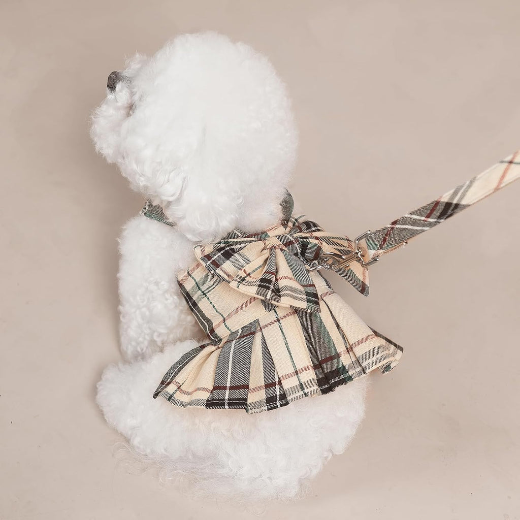 PUPTECK Classic Plaid Dog Dress with Bowknot Harness and Leash Set S