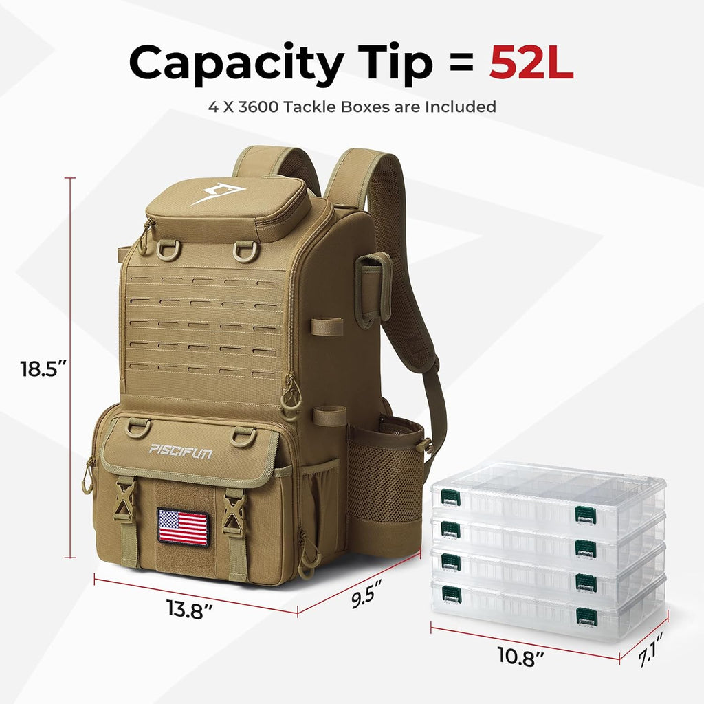 Piscifun 52L Fishing Tackle Backpack, 17 Pockets, Rod Holders & 4 Boxes