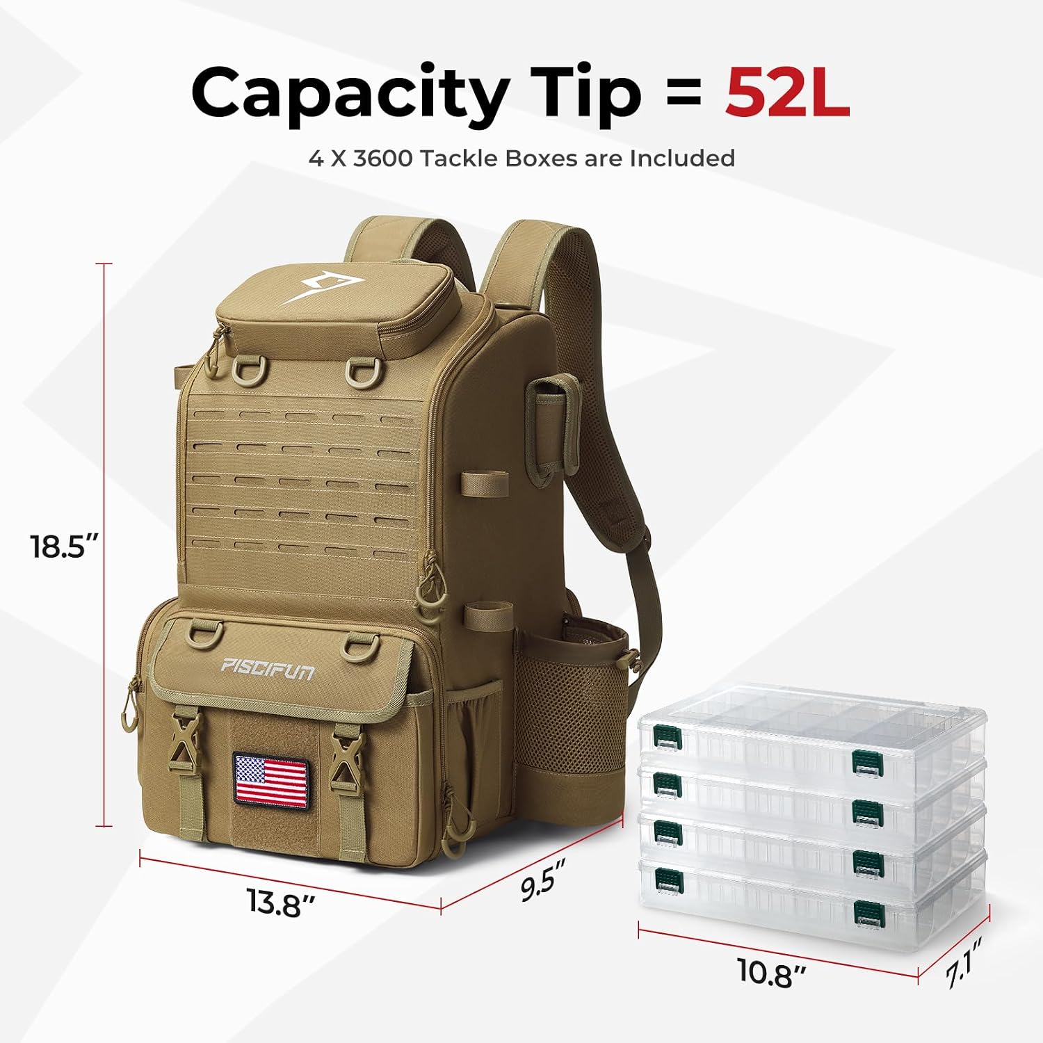 Piscifun 52L Fishing Tackle Backpack, 17 Pockets, Rod Holders & 4 Boxes