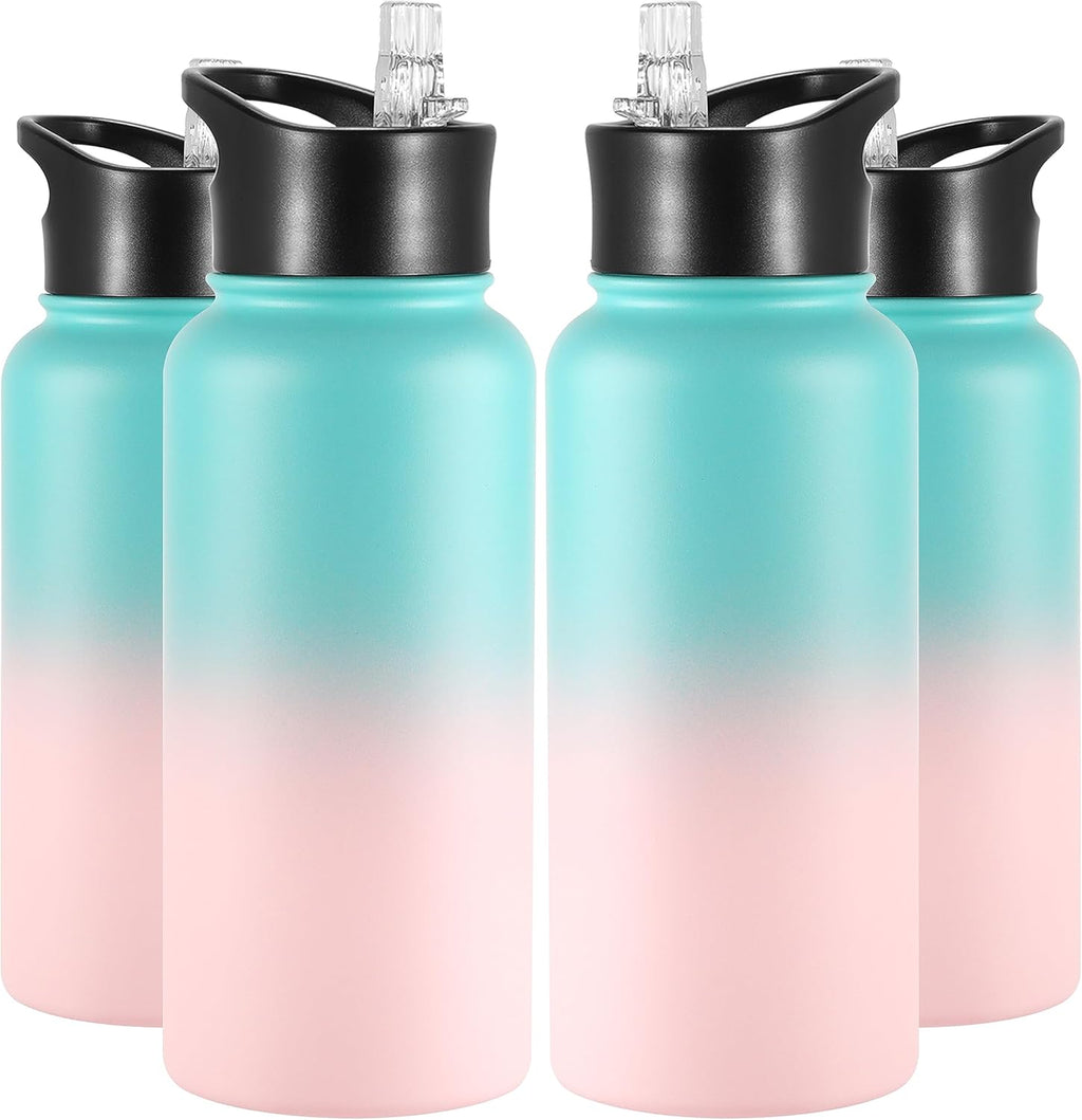 VEGOND 32 oz Insulated Water Bottle Bulk Stainless Steel Metal Water Bottles with Leak Proof Straw Lid & Spout Lid, Wide Mouth Double Walled Vacuum Travel Sports Bottle, 4 Pack