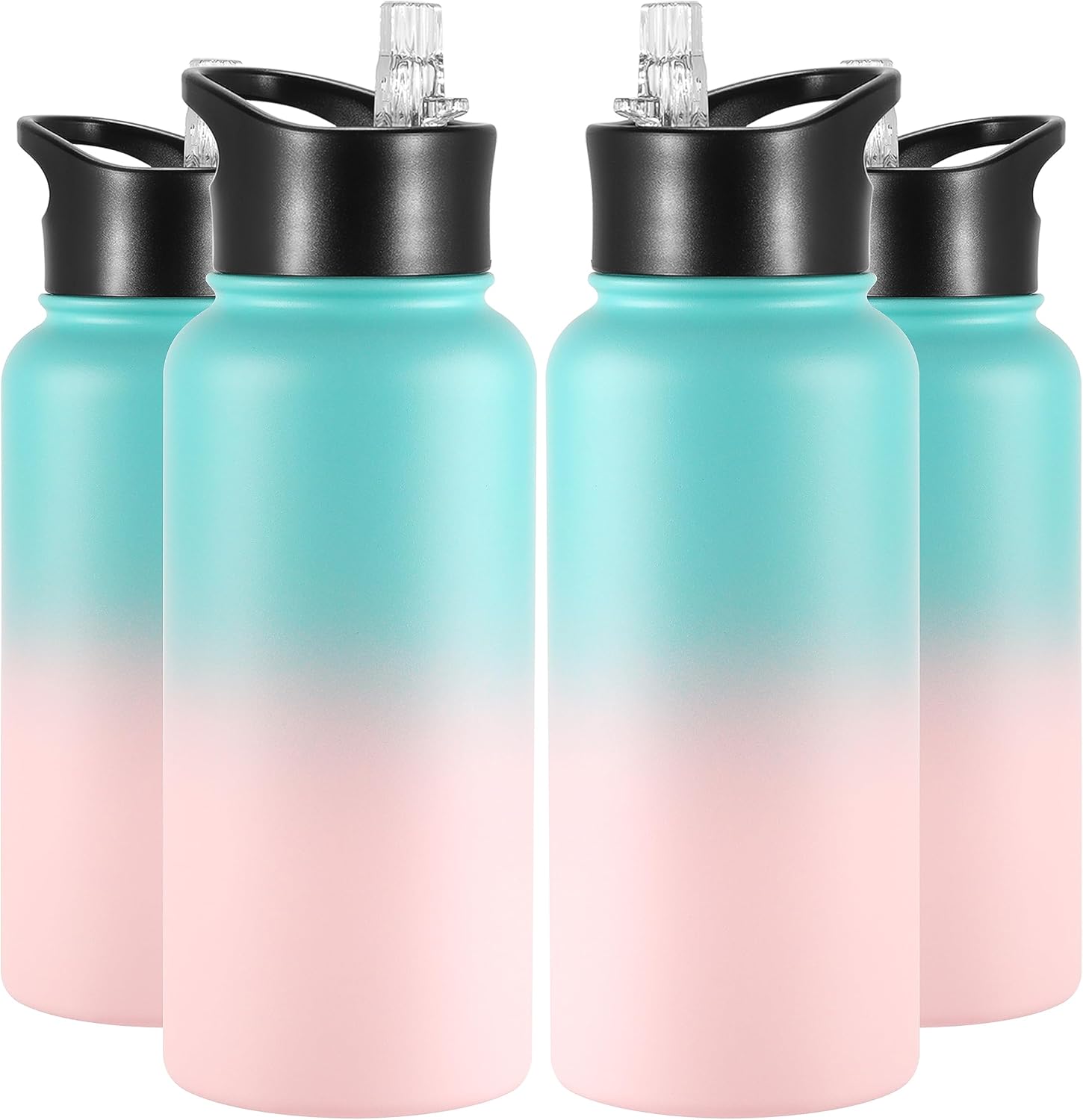 VEGOND 32 oz Insulated Water Bottle Bulk Stainless Steel Metal Water Bottles with Leak Proof Straw Lid & Spout Lid, Wide Mouth Double Walled Vacuum Travel Sports Bottle, 4 Pack
