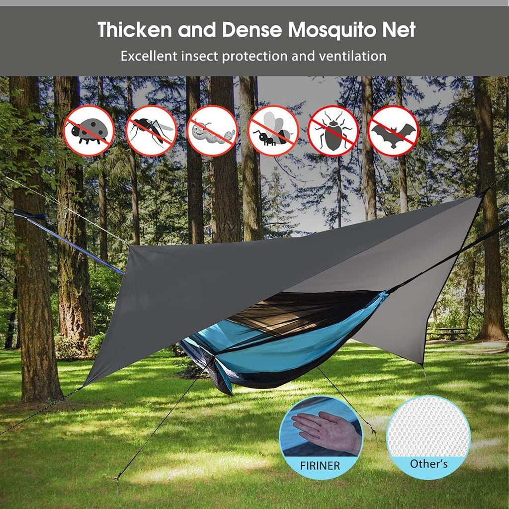 Camping Hammock with Mosquito Net Rain Fly Heavy Duty Tree Strap Nylon Parachute Single Double Hammock Tent Waterproof Rainfly Set for Camping Backpacking Backyard Patio Hiking Travel Outdoor