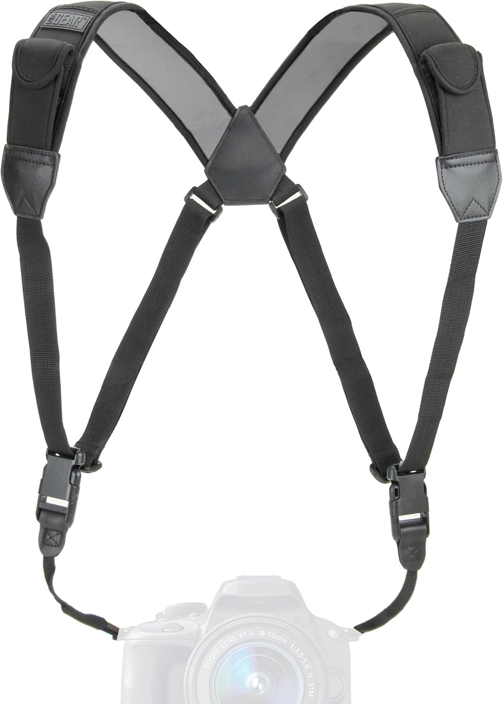 USA Gear DSLR Camera Strap Chest Harness with Quick Release Buckles, Black Neoprene Pattern and Accessory Pockets - Compatible with Canon, Nikon, Sony and More Point and Shoot and Mirrorless Cameras