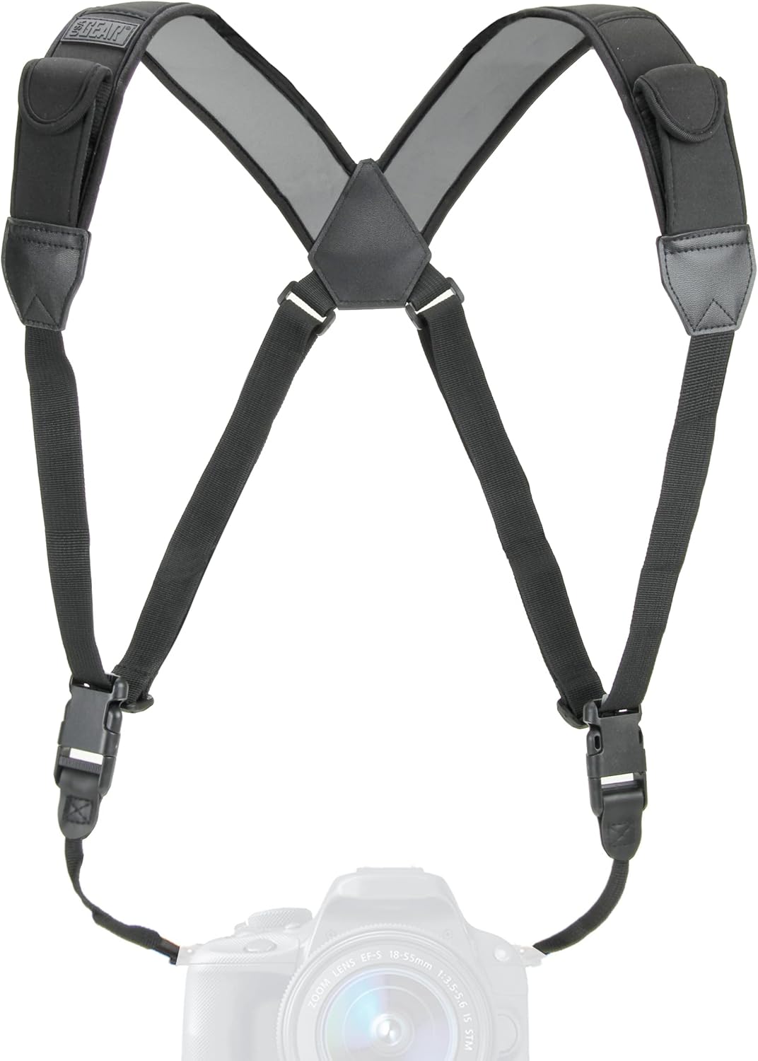 USA Gear DSLR Camera Strap Chest Harness with Quick Release Buckles, Black Neoprene Pattern and Accessory Pockets - Compatible with Canon, Nikon, Sony and More Point and Shoot and Mirrorless Cameras
