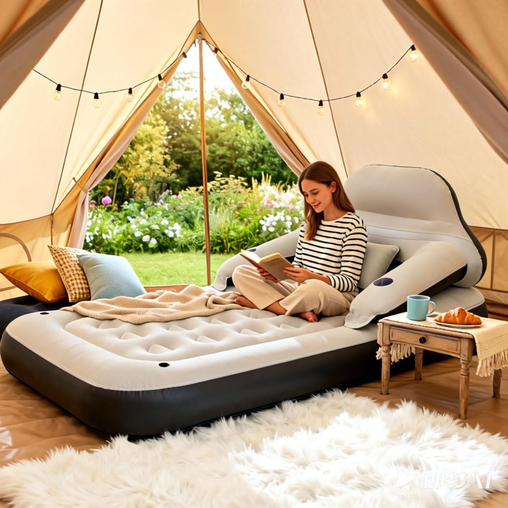 Air Mattress with Headboard and Pillows, Inflatable Blow Up Bed with Flocked Top, Portable Air Bed for Indoor/Outdoor Sleeping Pad for Living Room, Camping, Travel