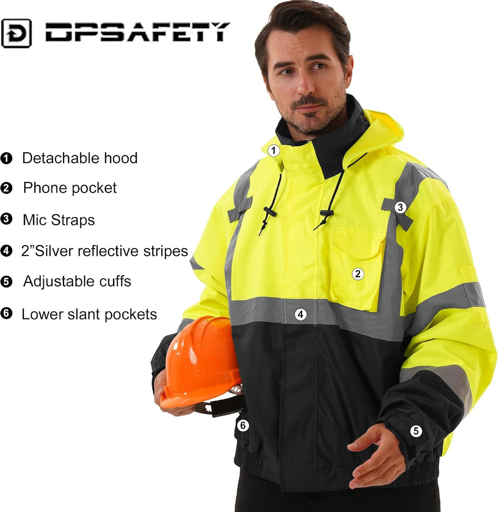 3 in 1 Safety jacket,Reflective high Visibility Hooded jacket,Hi Vis Bomber Jacket shell and fleece lining,Waterproof,ANSI Class 3 Black Bottom Lime,2XL